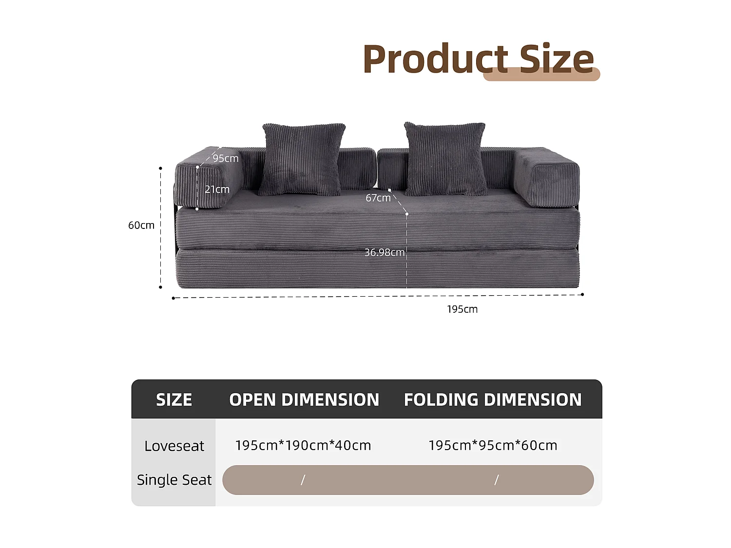 Canapé 2 places - velours côtelé - convertible - modulable - 195x95x60 cm - gris foncé