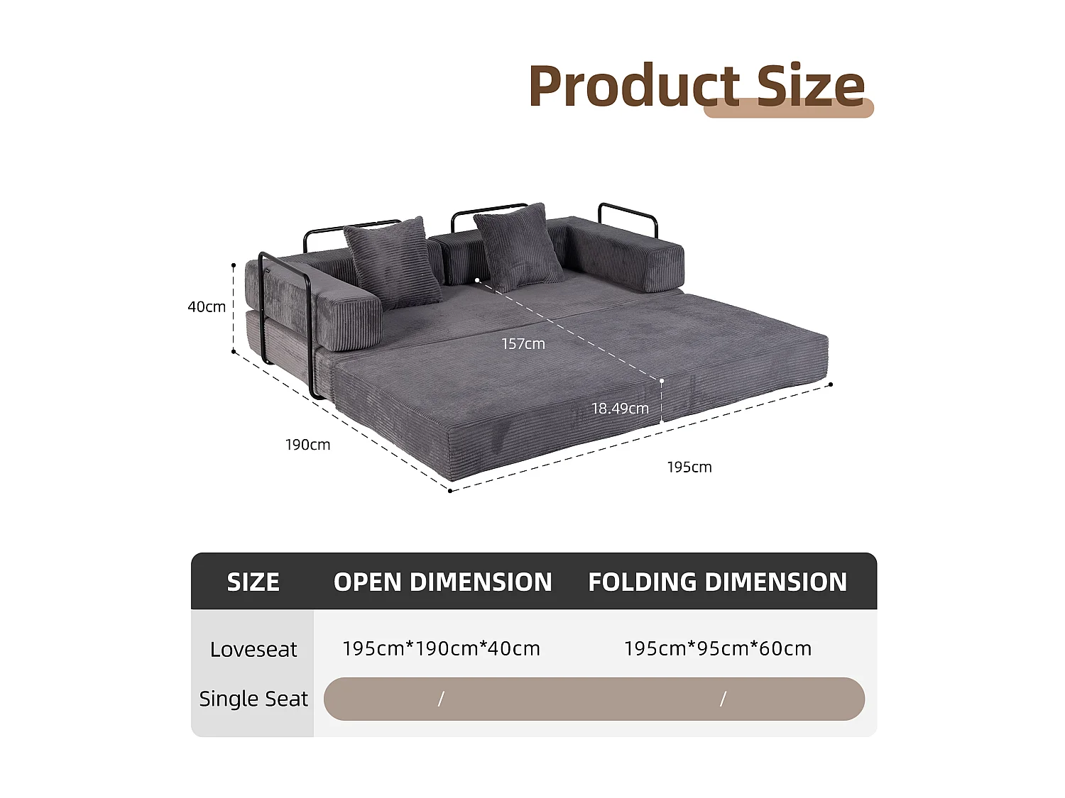 Canapé 2 places - velours côtelé - convertible - modulable - 195x95x60 cm - gris foncé