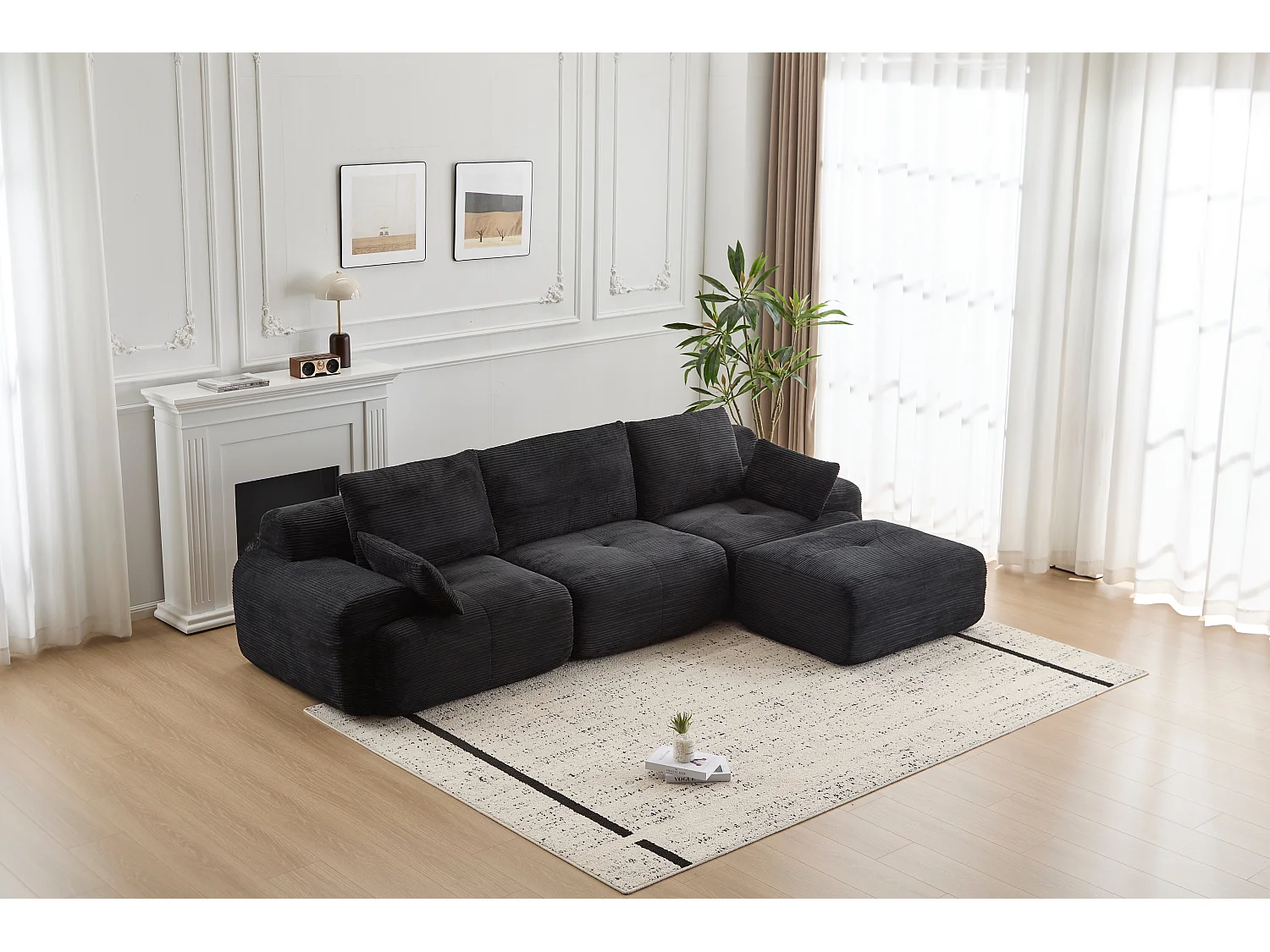Canapé 3 places - velours côtelé - modulaire - convertible - 304x180x72 cm - noir