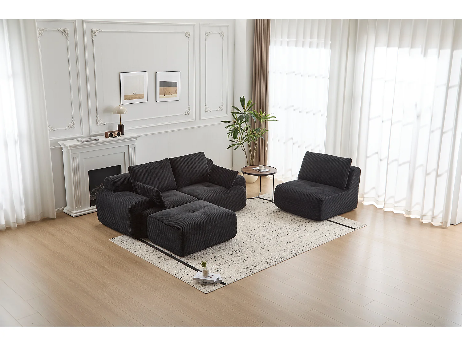 Canapé 3 places - velours côtelé - modulaire - convertible - 304x180x72 cm - noir