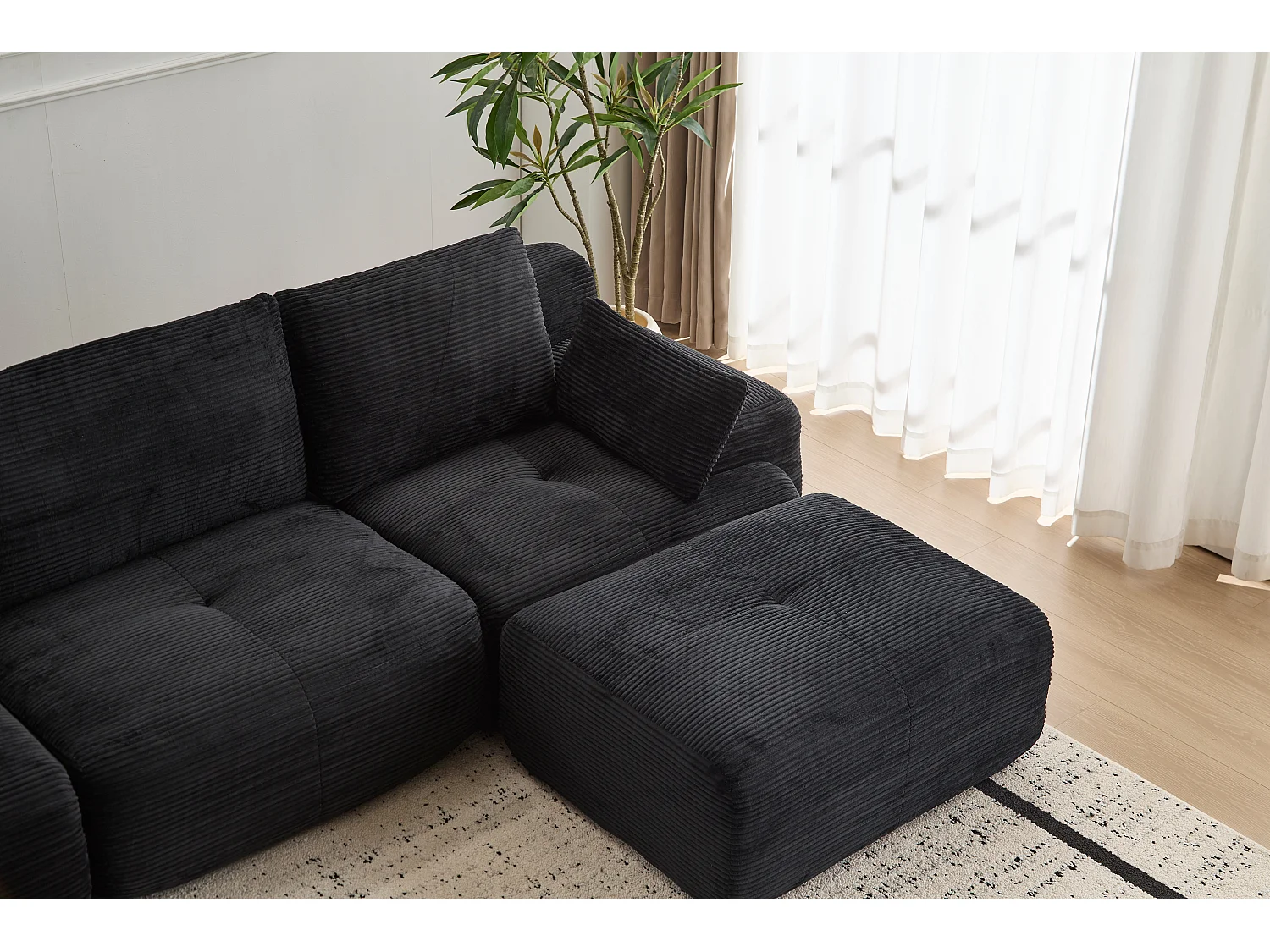 Canapé 3 places - velours côtelé - modulaire - convertible - 304x180x72 cm - noir