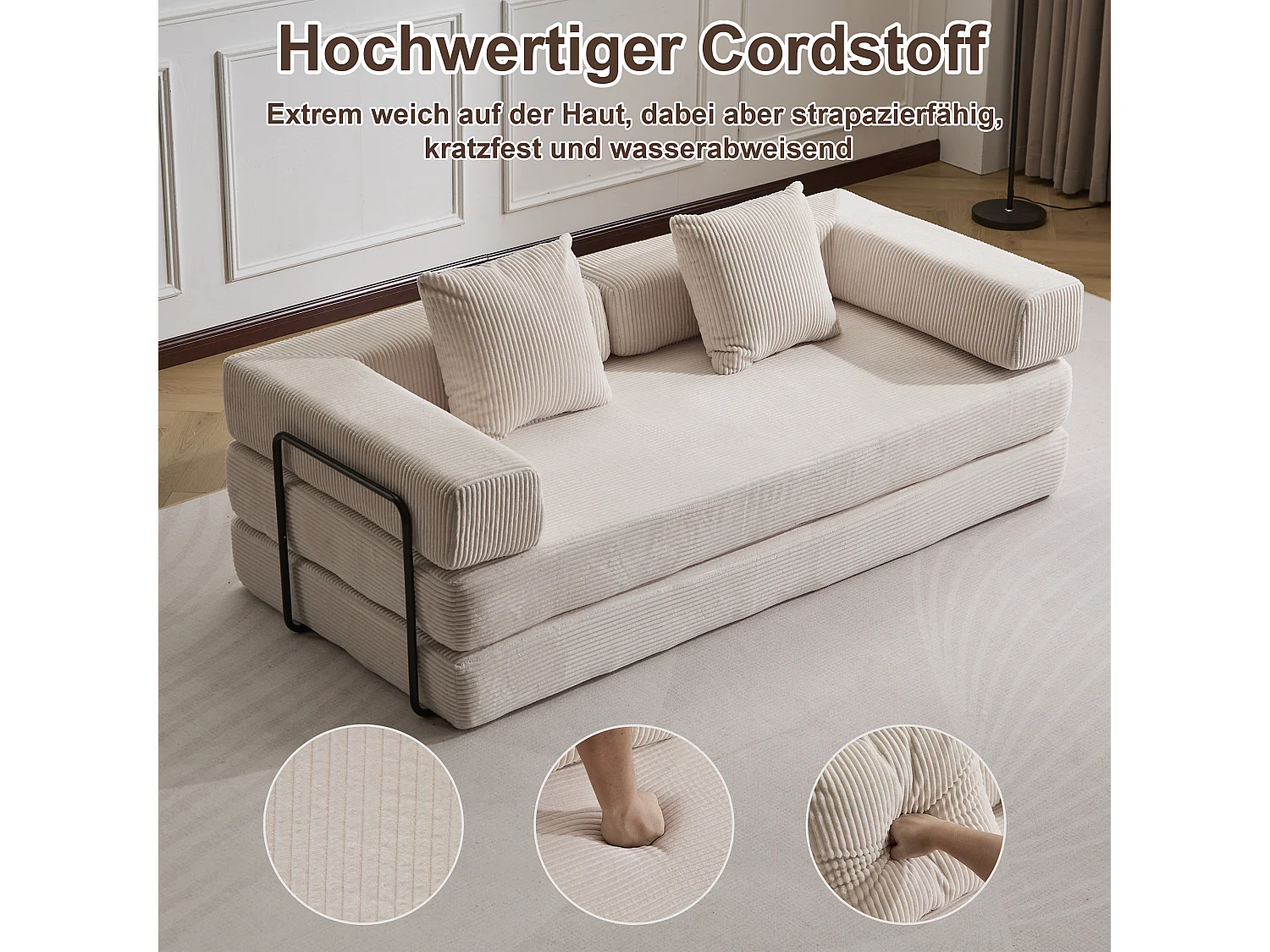 Canapé 2 places - velours côtelé - convertible - modulable - 195x95x60 cm - beige