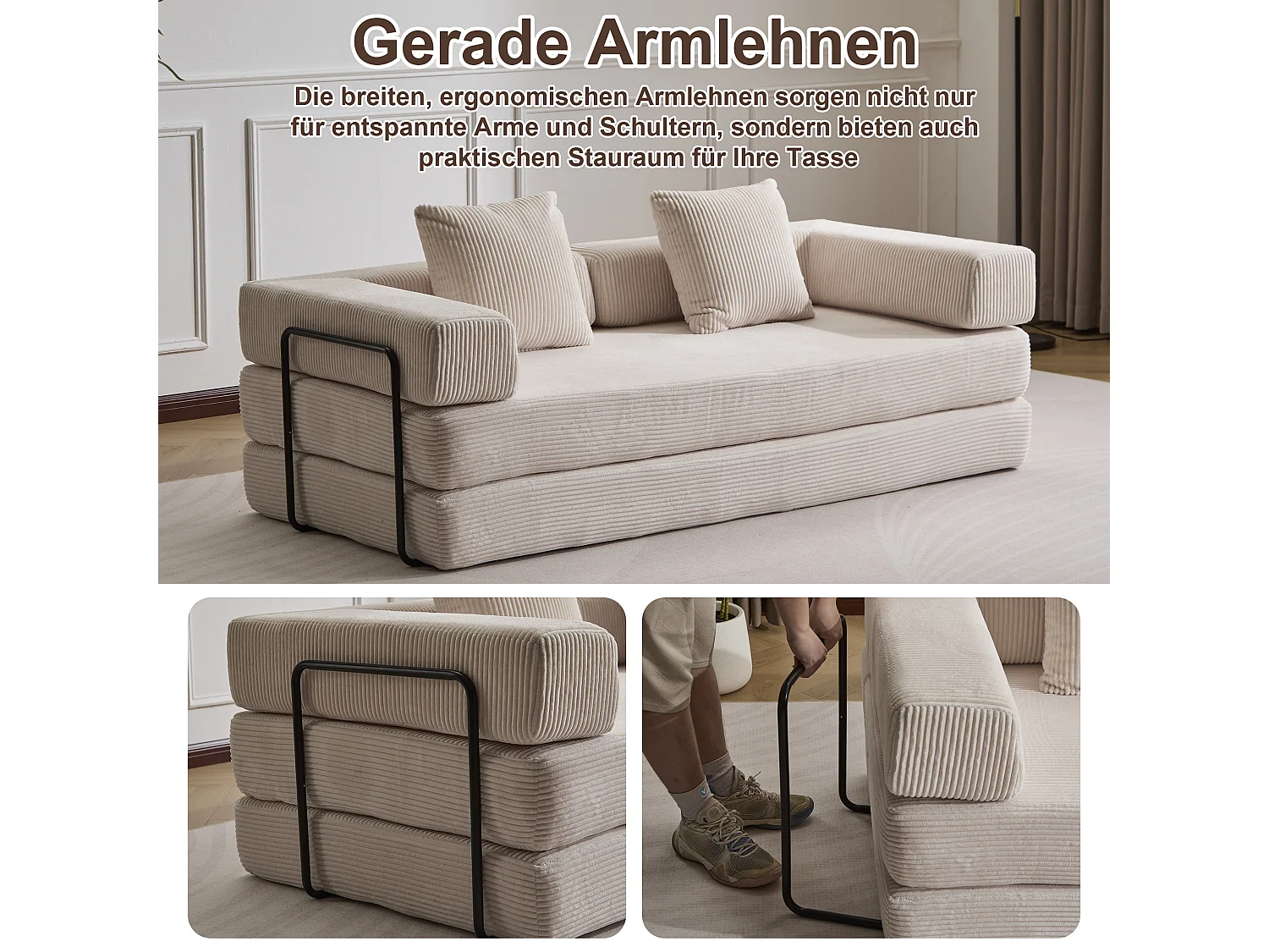 Canapé 2 places - velours côtelé - convertible - modulable - 195x95x60 cm - beige