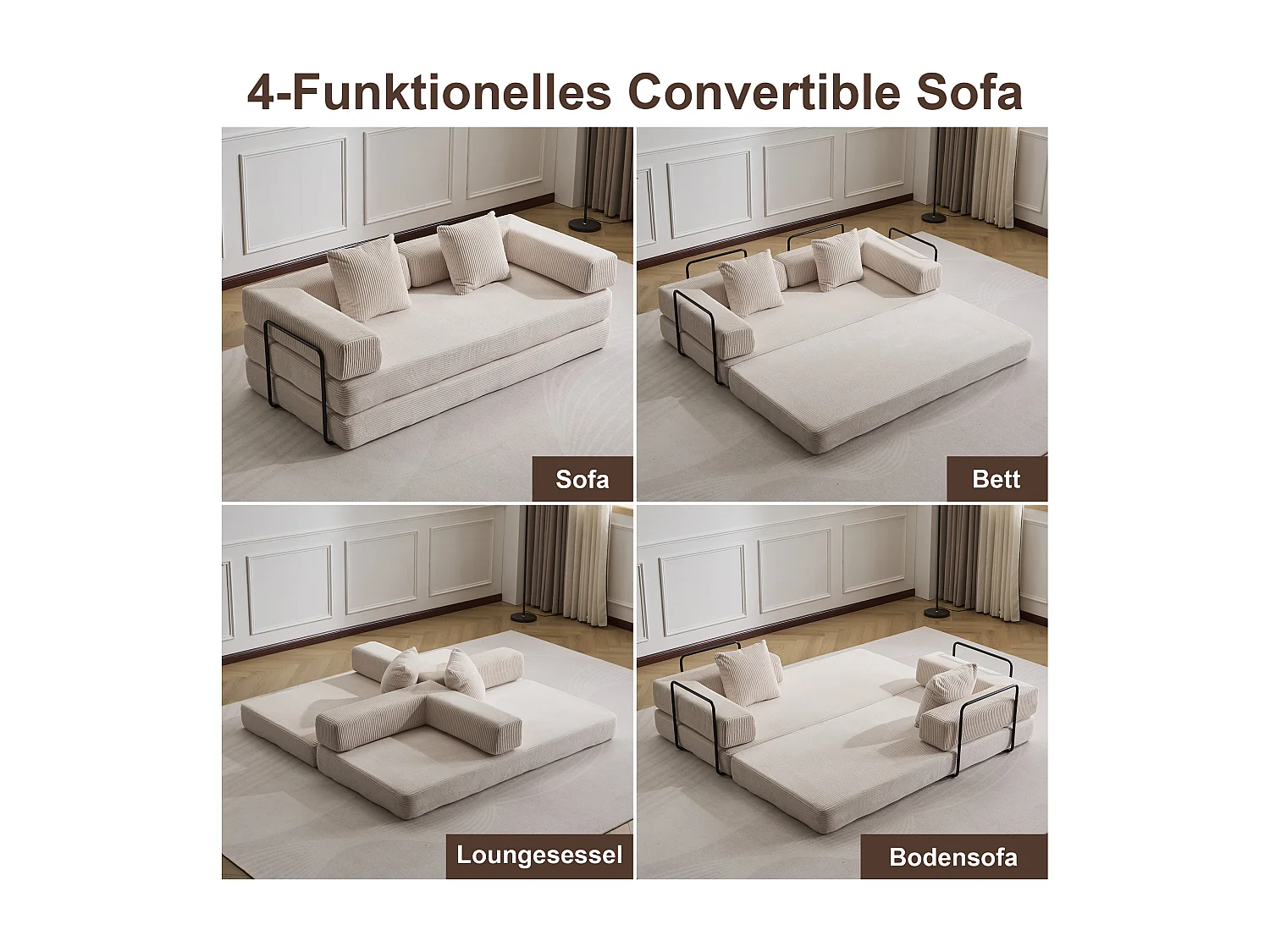 Canapé 2 places - velours côtelé - convertible - modulable - 195x95x60 cm - beige