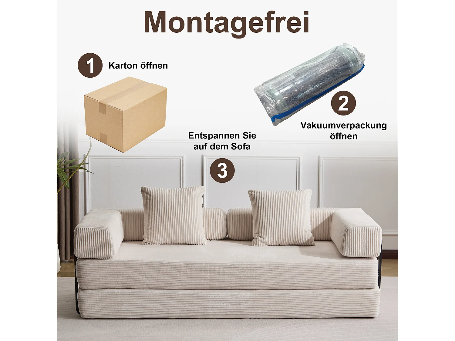 Canapé 2 places - velours côtelé - convertible - modulable - 195x95x60 cm - beige