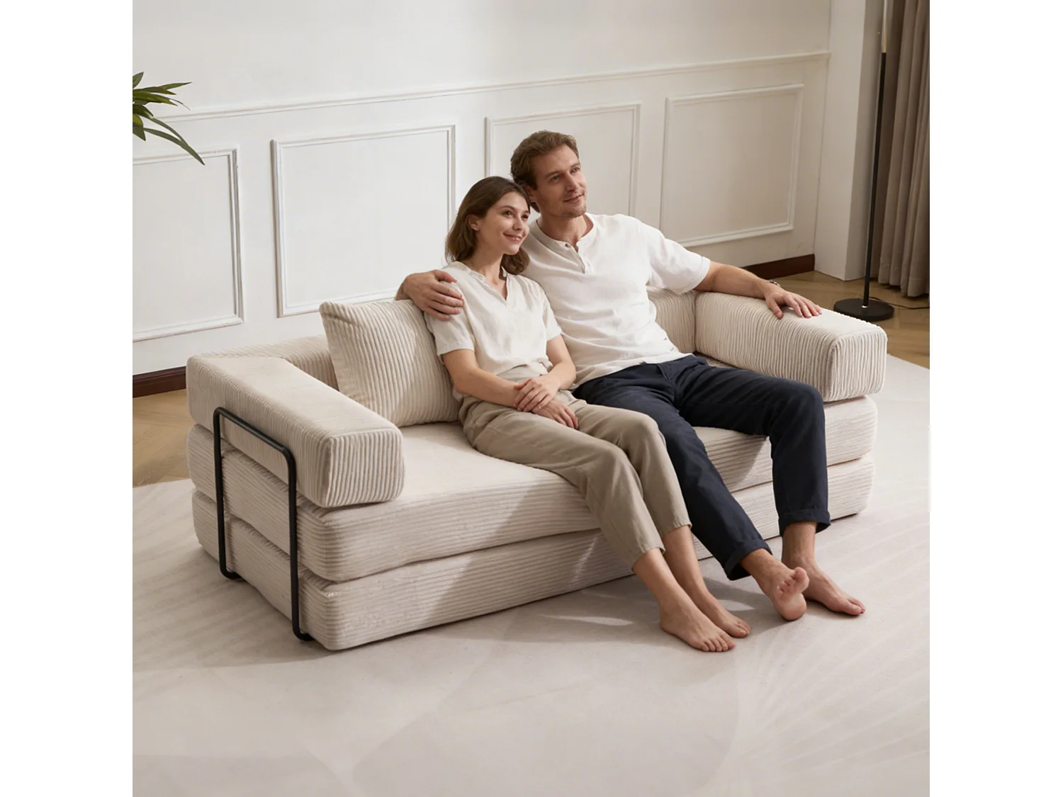 Canapé 2 places - velours côtelé - convertible - modulable - 195x95x60 cm - beige