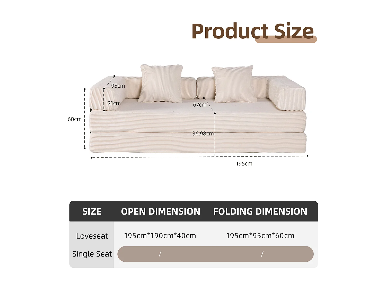 Canapé 2 places - velours côtelé - convertible - modulable - 195x95x60 cm - beige