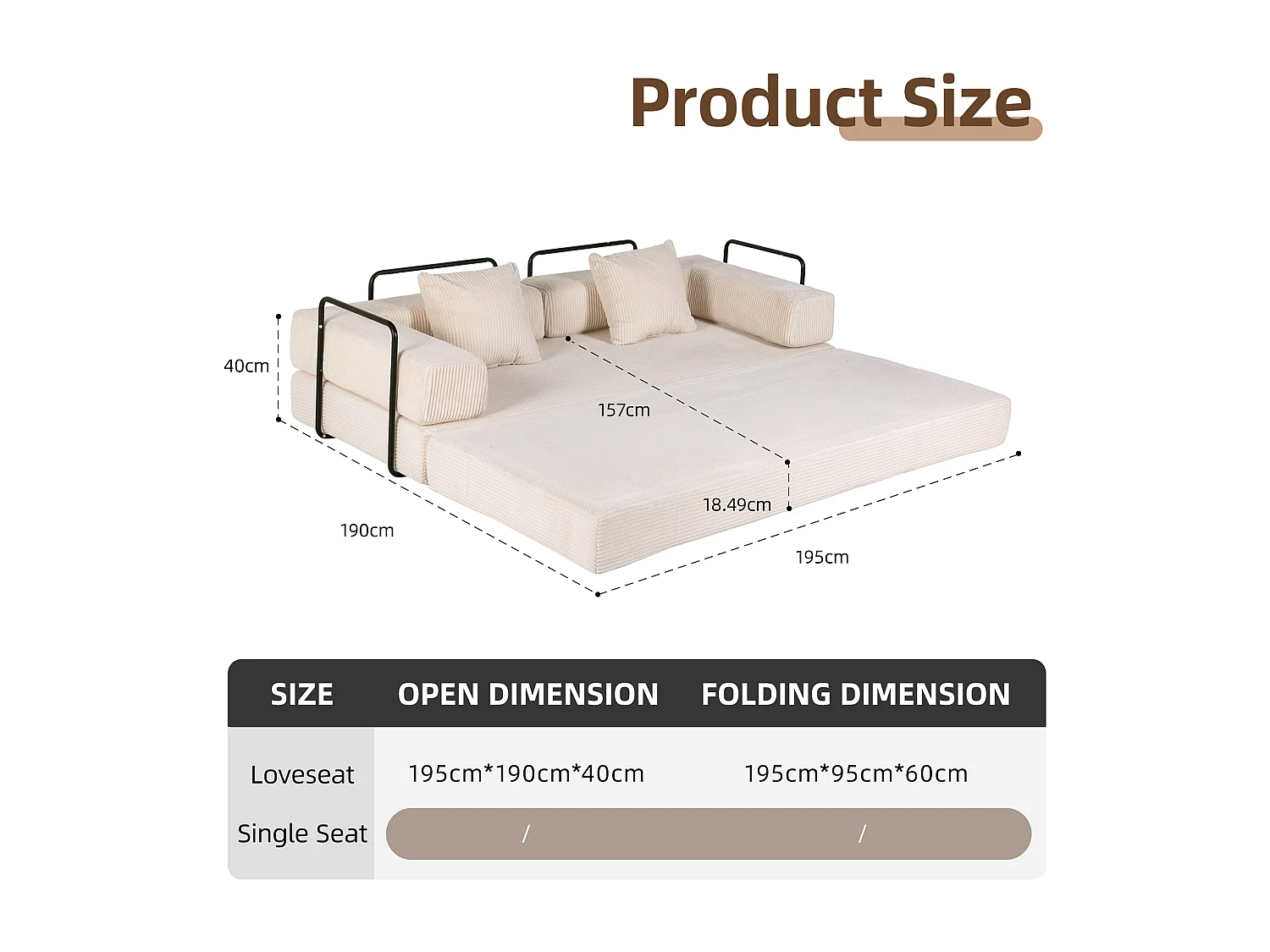Canapé 2 places - velours côtelé - convertible - modulable - 195x95x60 cm - beige