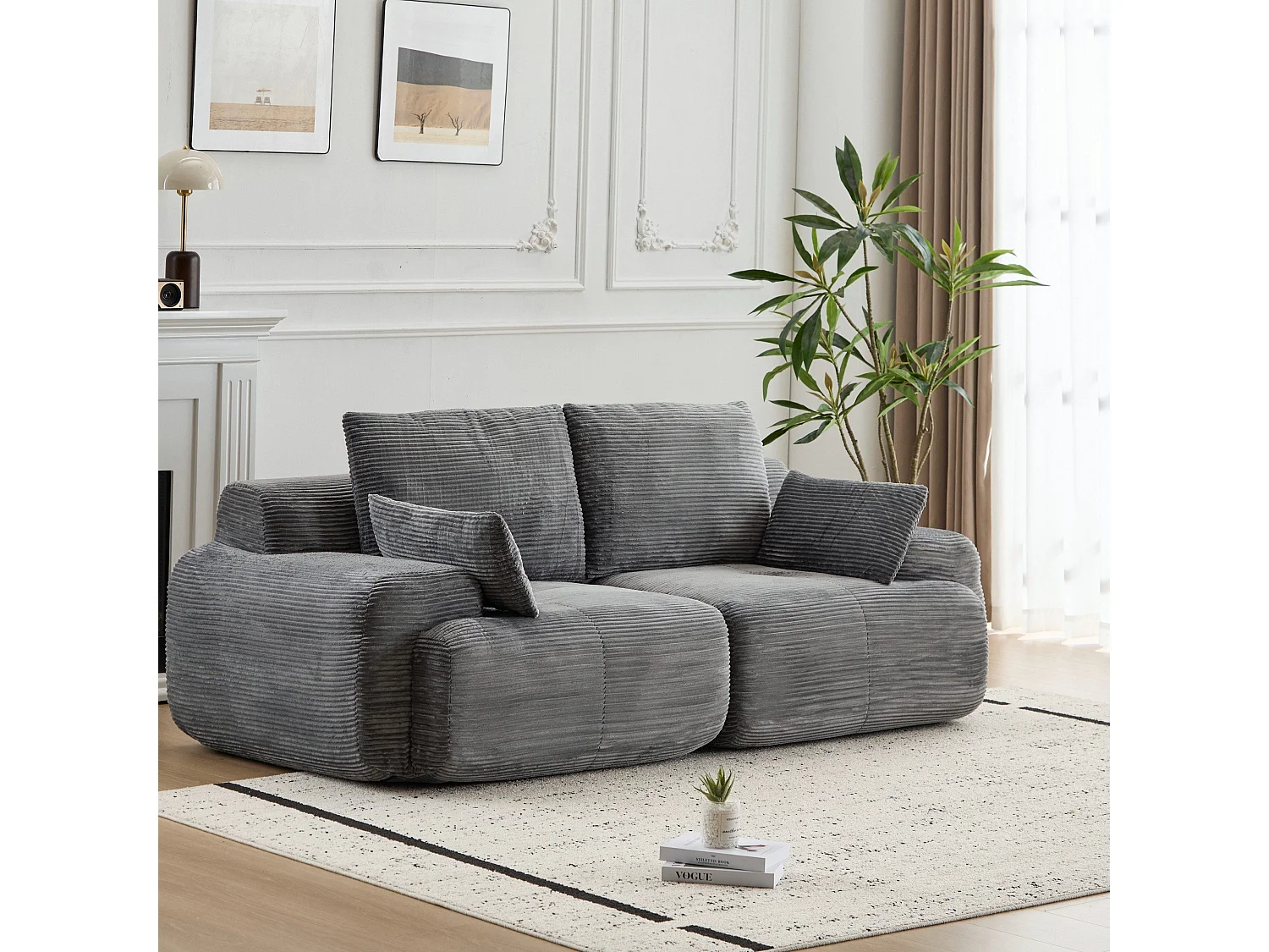Canapé modulable avec méridienne 2 places - convertible - velours côtelé - 214x104x72 cm - gris