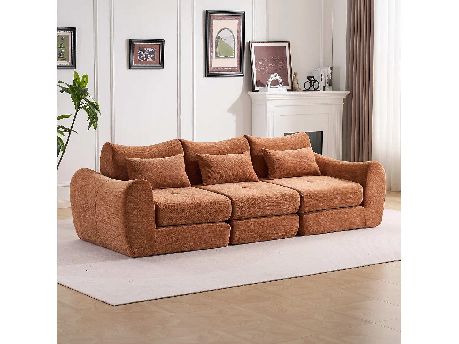 Canapé d’angle modulable 3 places, convertible, chenille, 262x97x78 cm, orange