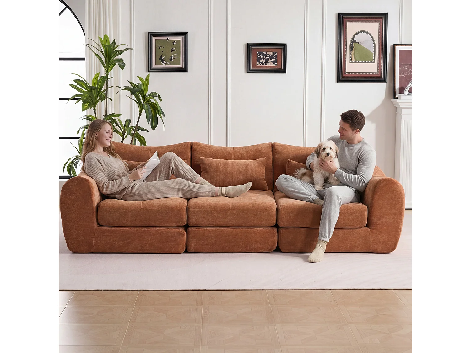 Canapé d’angle modulable 3 places, convertible, chenille, 262x97x78 cm, orange