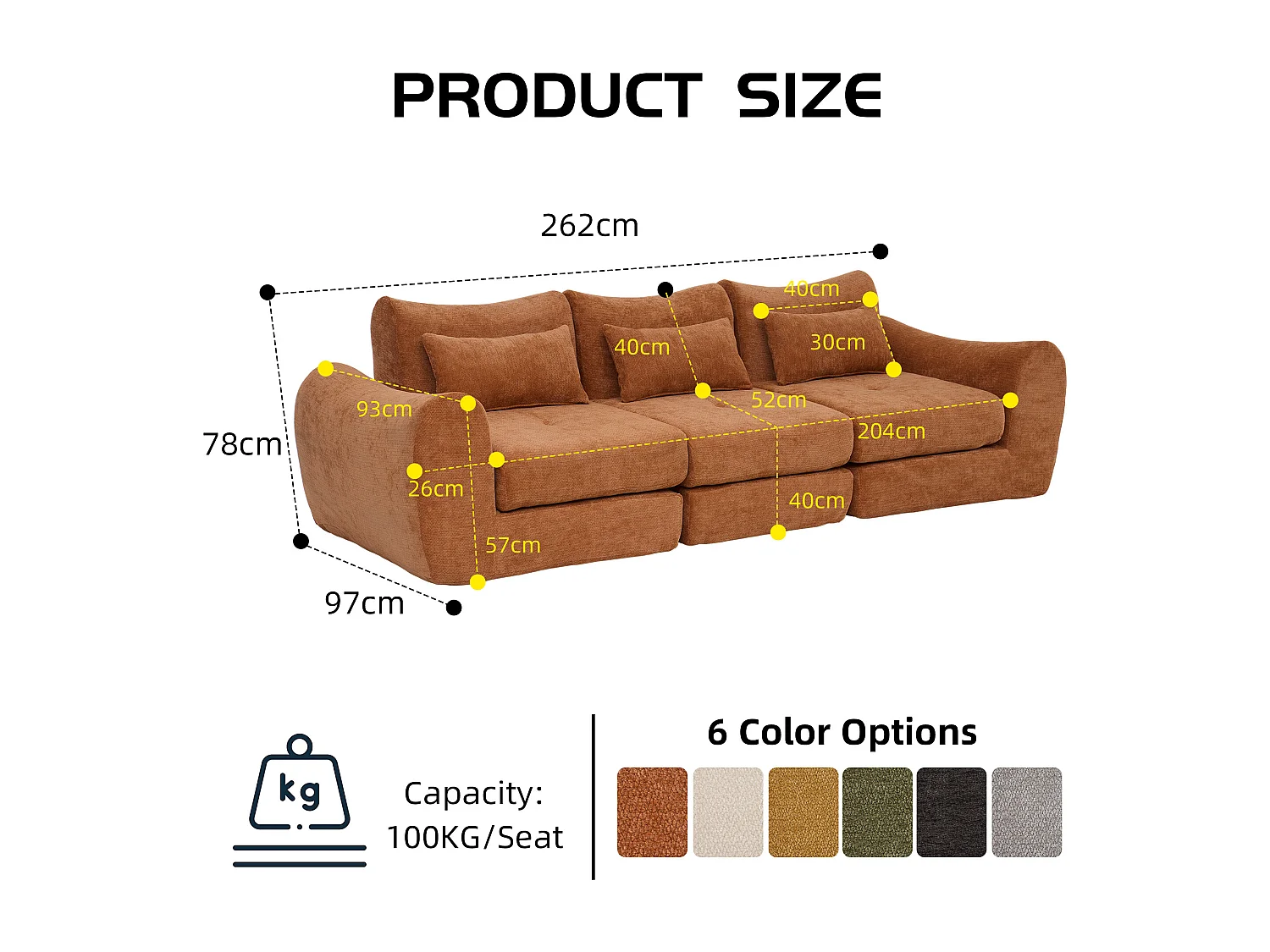 Canapé d’angle modulable 3 places, convertible, chenille, 262x97x78 cm, orange