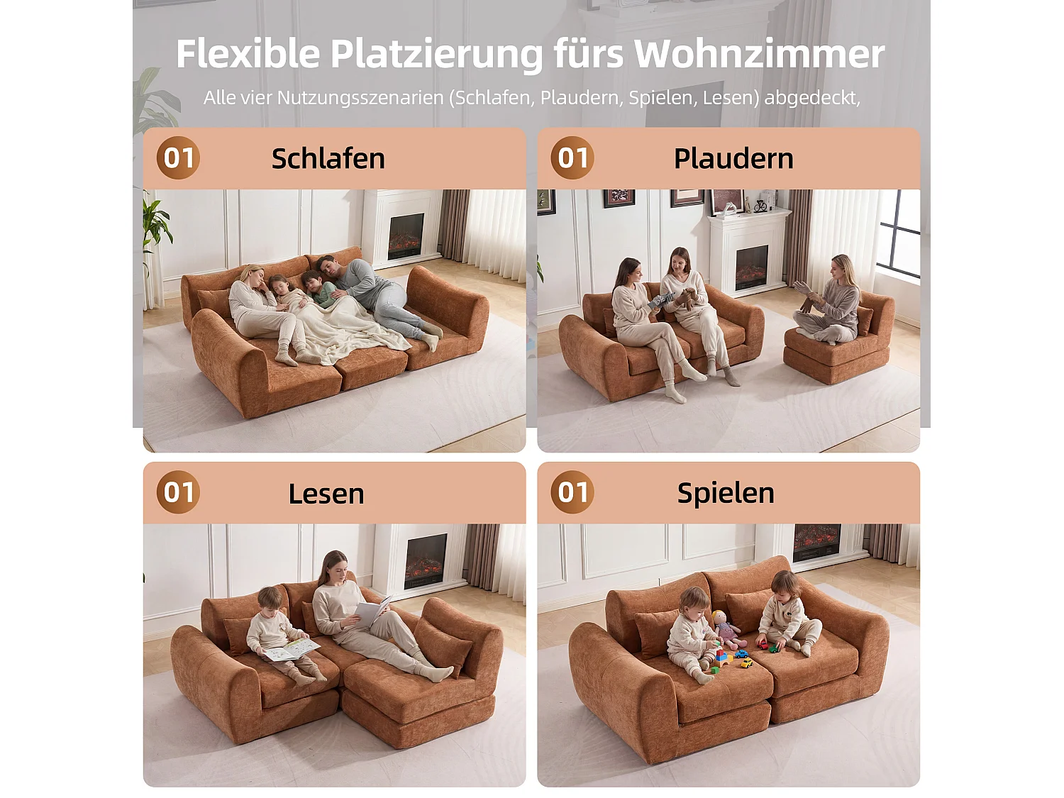 Canapé d’angle modulable 3 places, convertible, chenille, 262x97x78 cm, orange