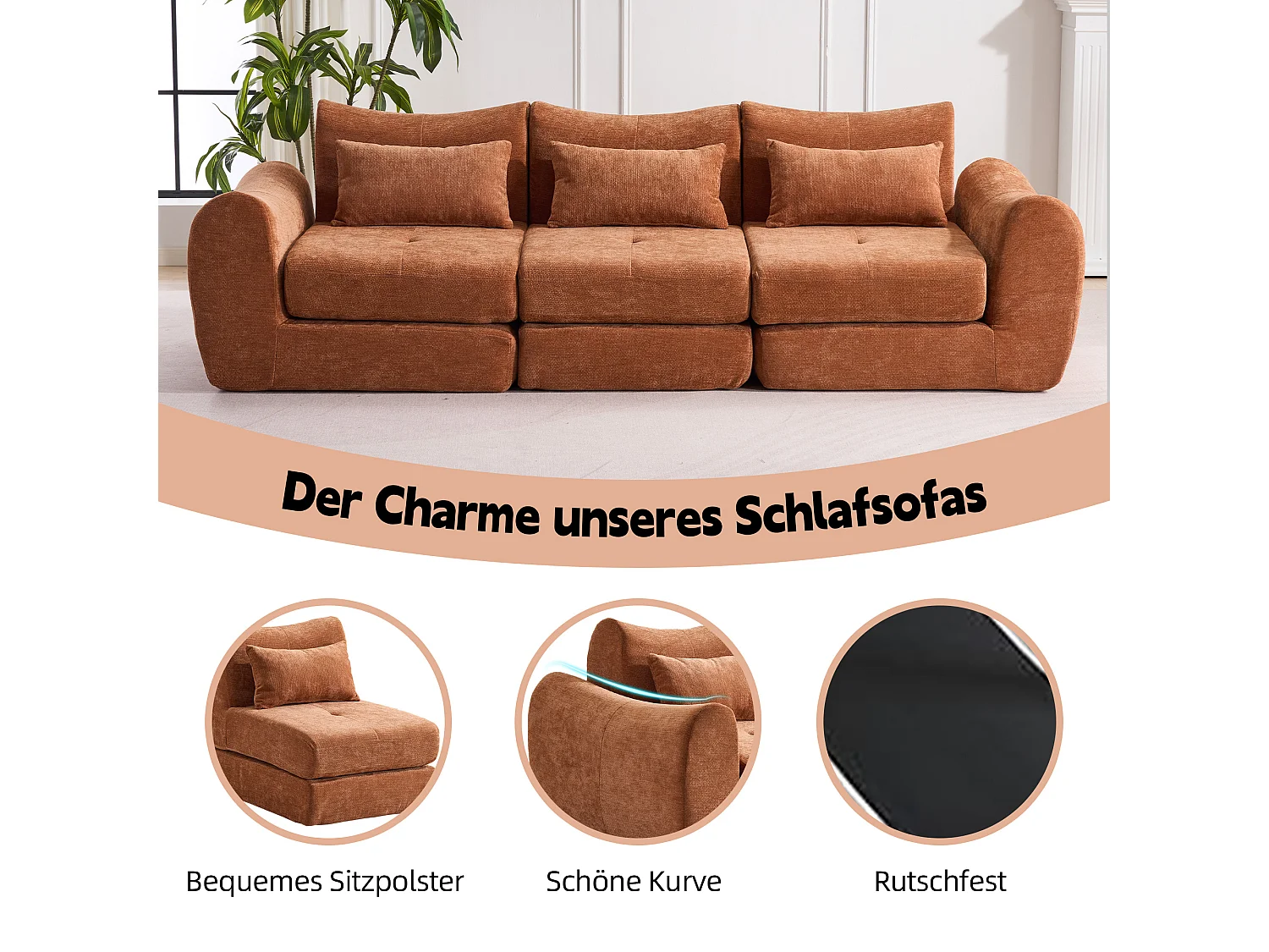 Canapé d’angle modulable 3 places, convertible, chenille, 262x97x78 cm, orange