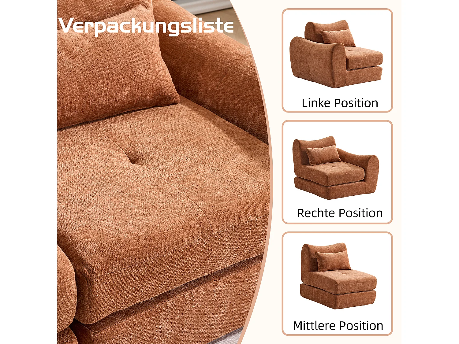 Canapé d’angle modulable 3 places, convertible, chenille, 262x97x78 cm, orange