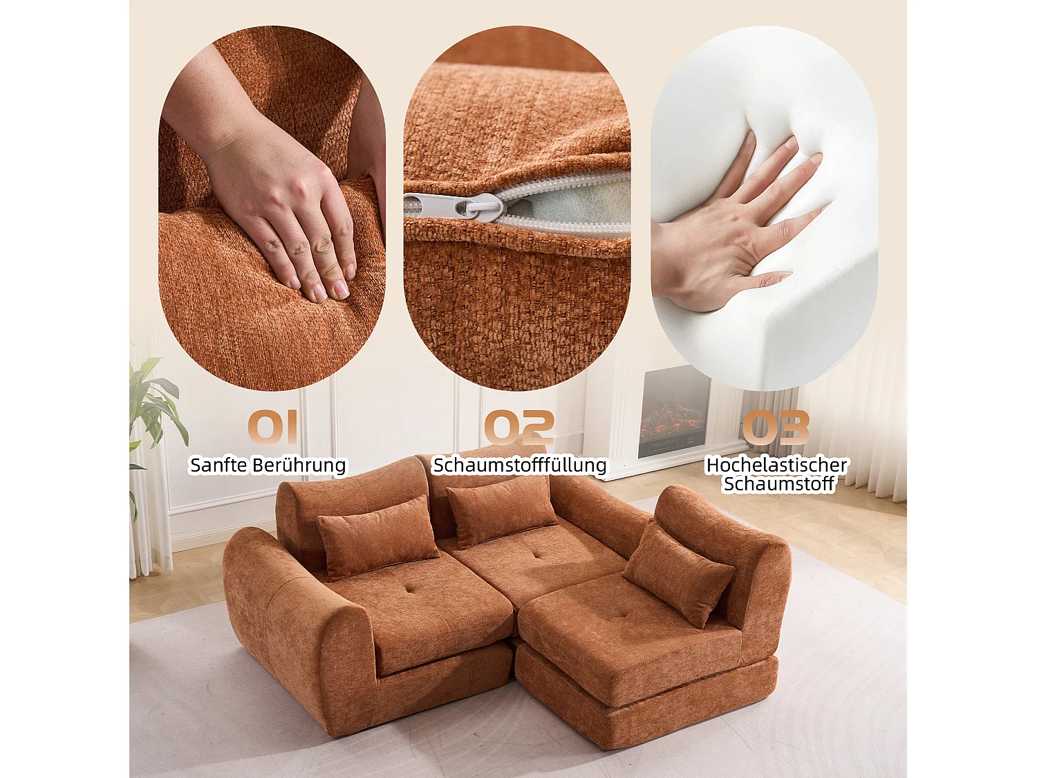 Canapé d’angle modulable 3 places, convertible, chenille, 262x97x78 cm, orange