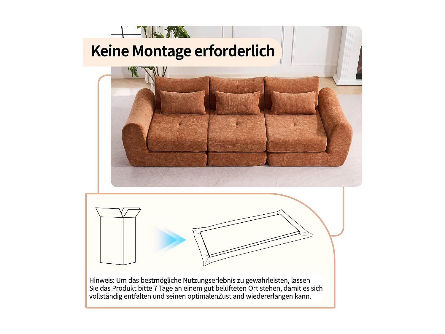 Canapé d’angle modulable 3 places, convertible, chenille, 262x97x78 cm, orange