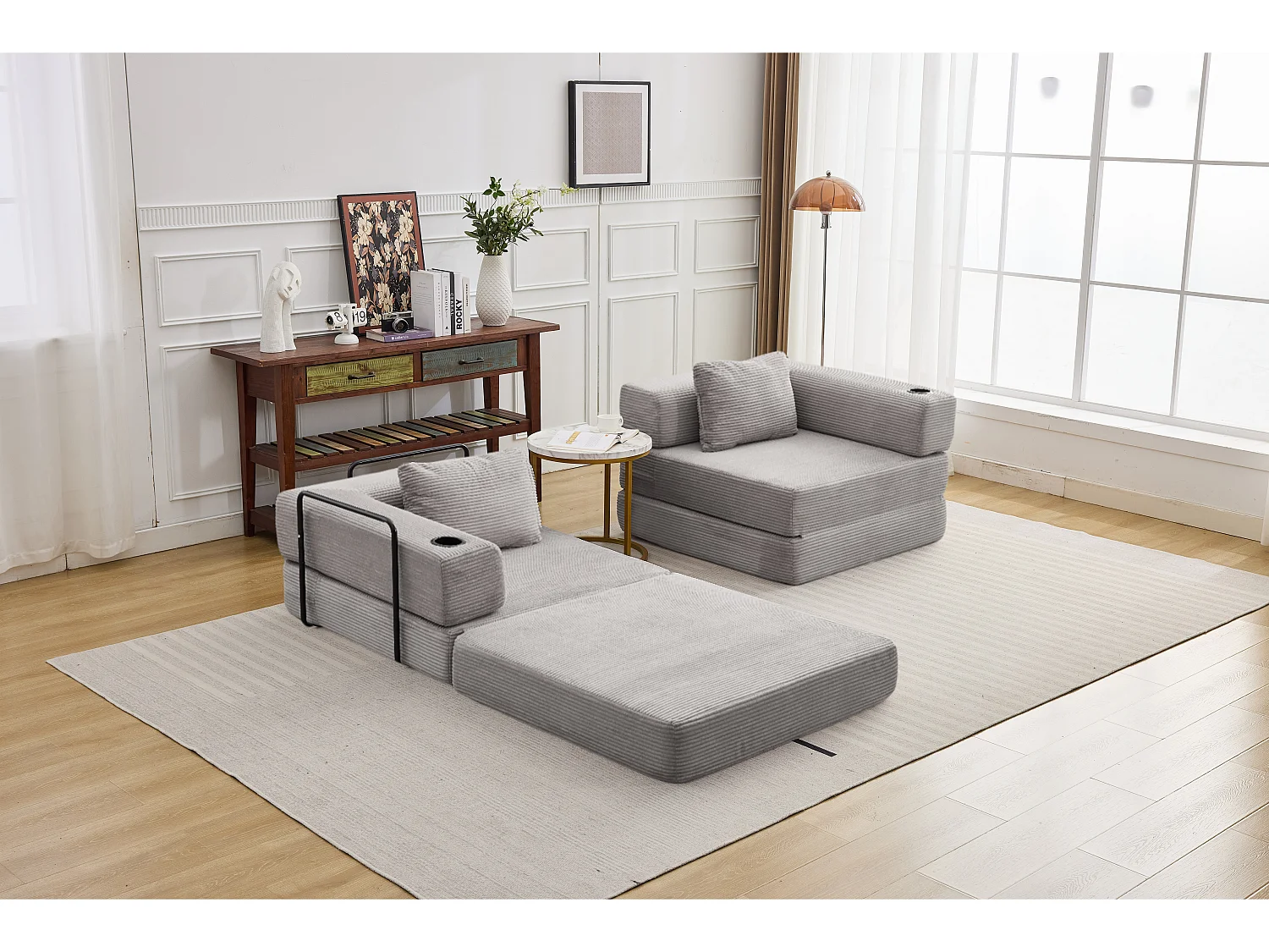 Canapé 2 places - velours côtelé - modulaire - convertible - 200x100x63 cm - gris clair