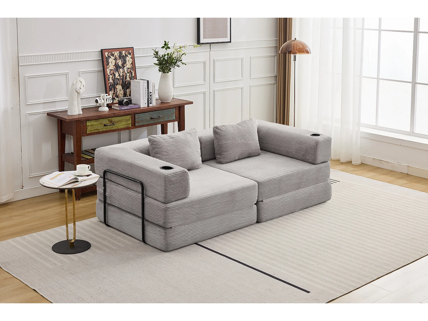 Canapé 2 places - velours côtelé - modulaire - convertible - 200x100x63 cm - gris clair