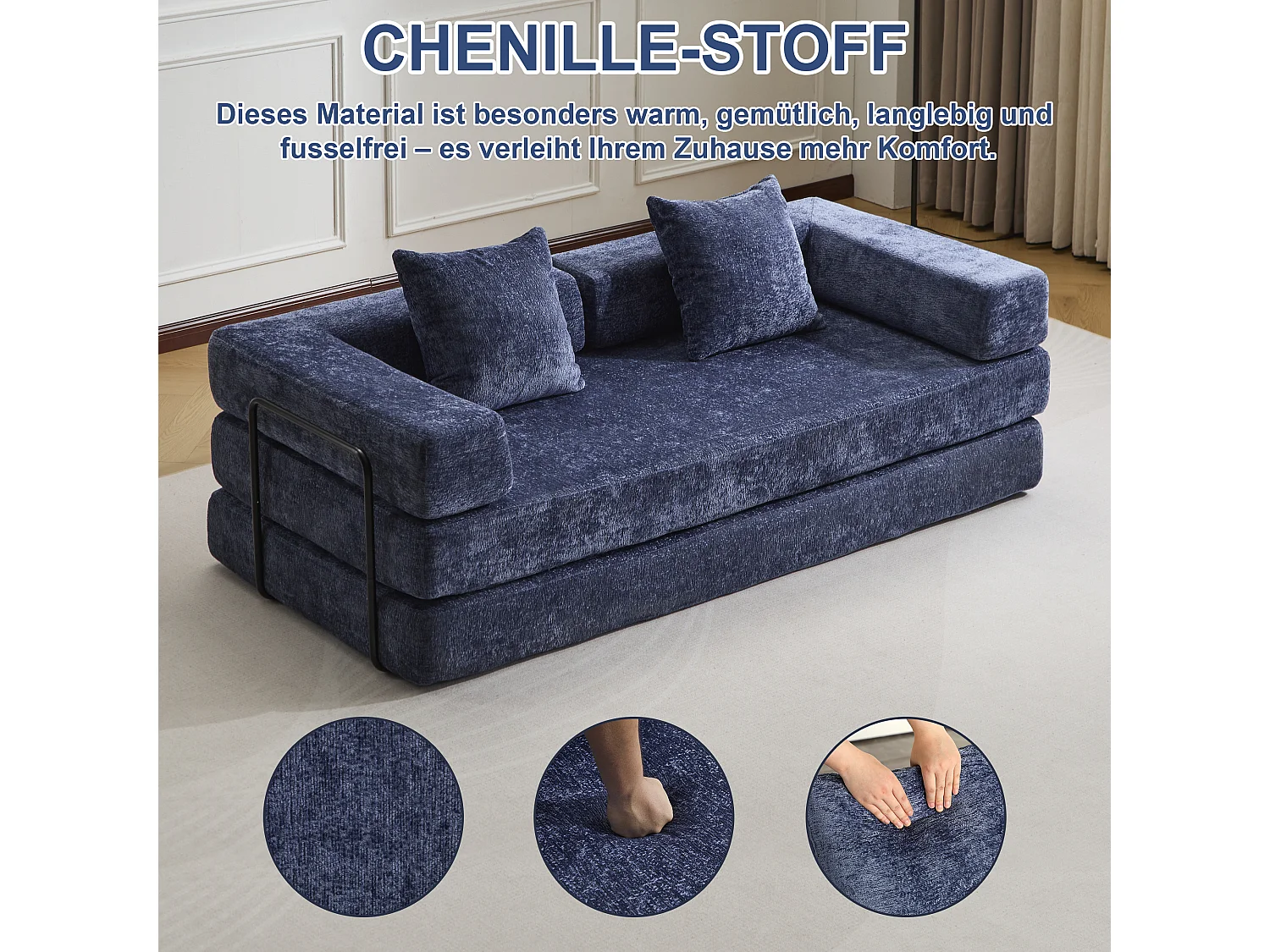 Canapé 2 places - chenille - modulaire - convertible - 195x95x60 cm - bleu foncé