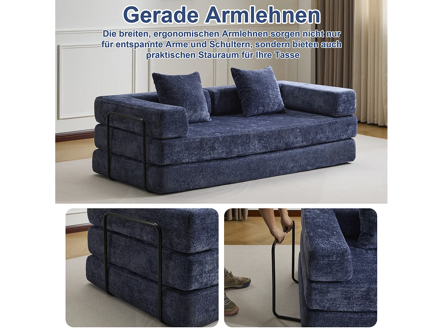 Canapé 2 places - chenille - modulaire - convertible - 195x95x60 cm - bleu foncé
