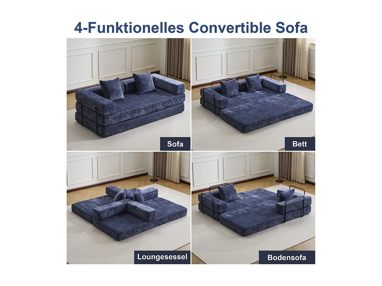 Canapé 2 places - chenille - modulaire - convertible - 195x95x60 cm - bleu foncé