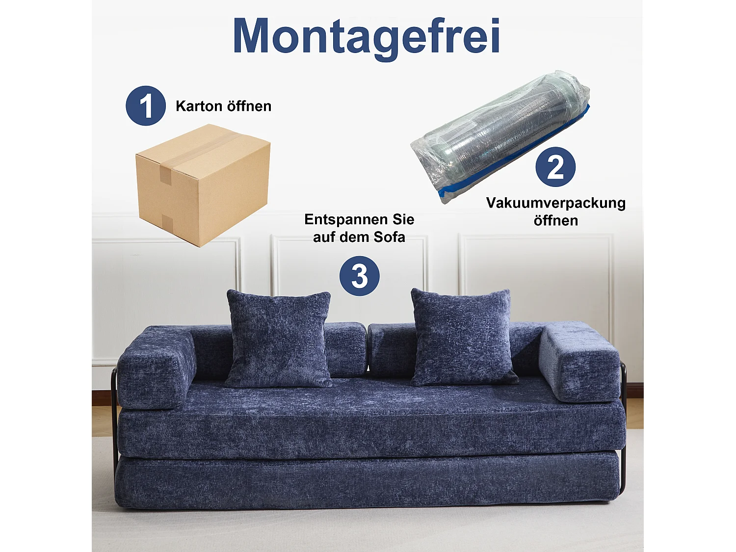 Canapé 2 places - chenille - modulaire - convertible - 195x95x60 cm - bleu foncé
