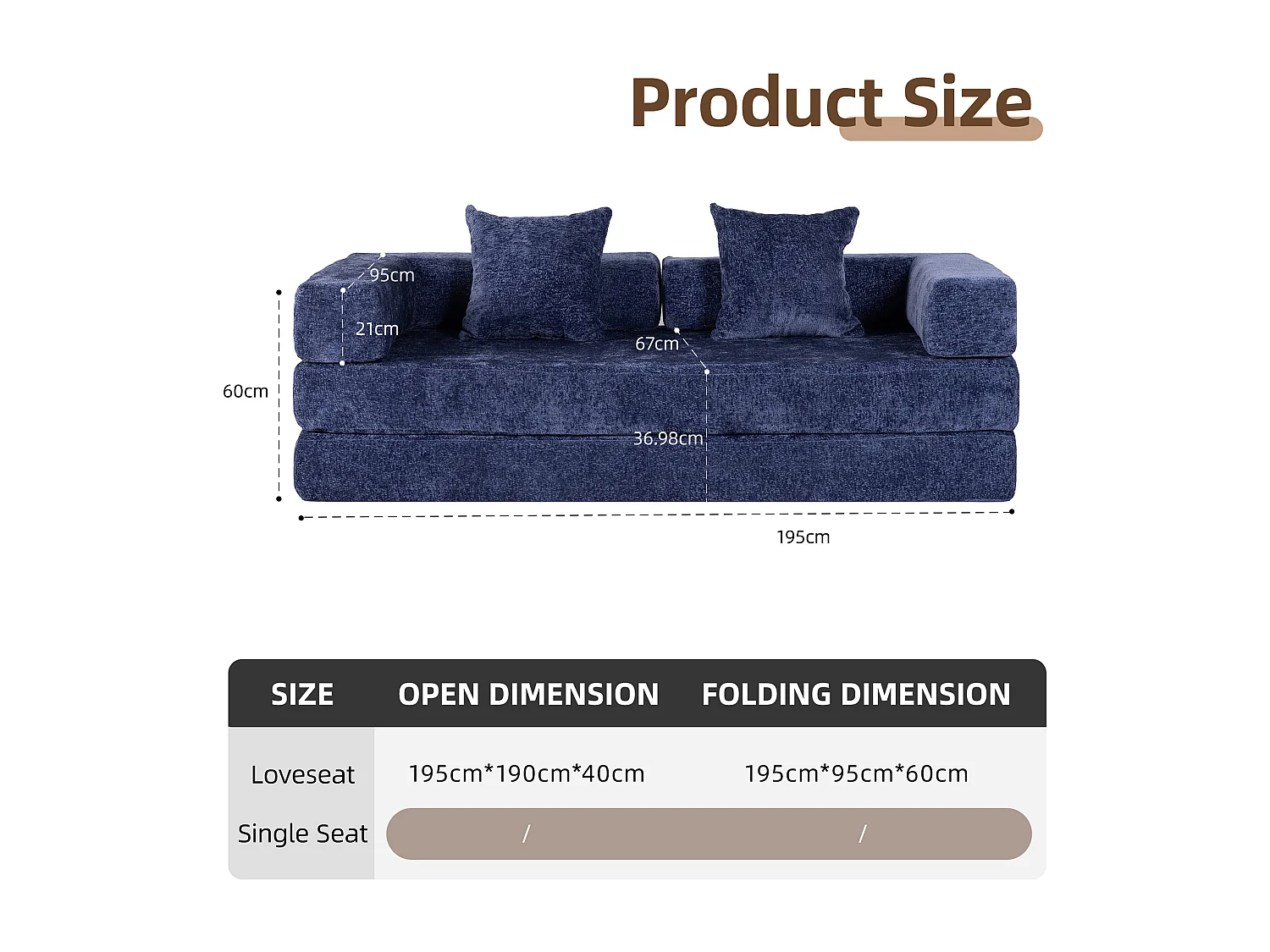 Canapé 2 places - chenille - modulaire - convertible - 195x95x60 cm - bleu foncé