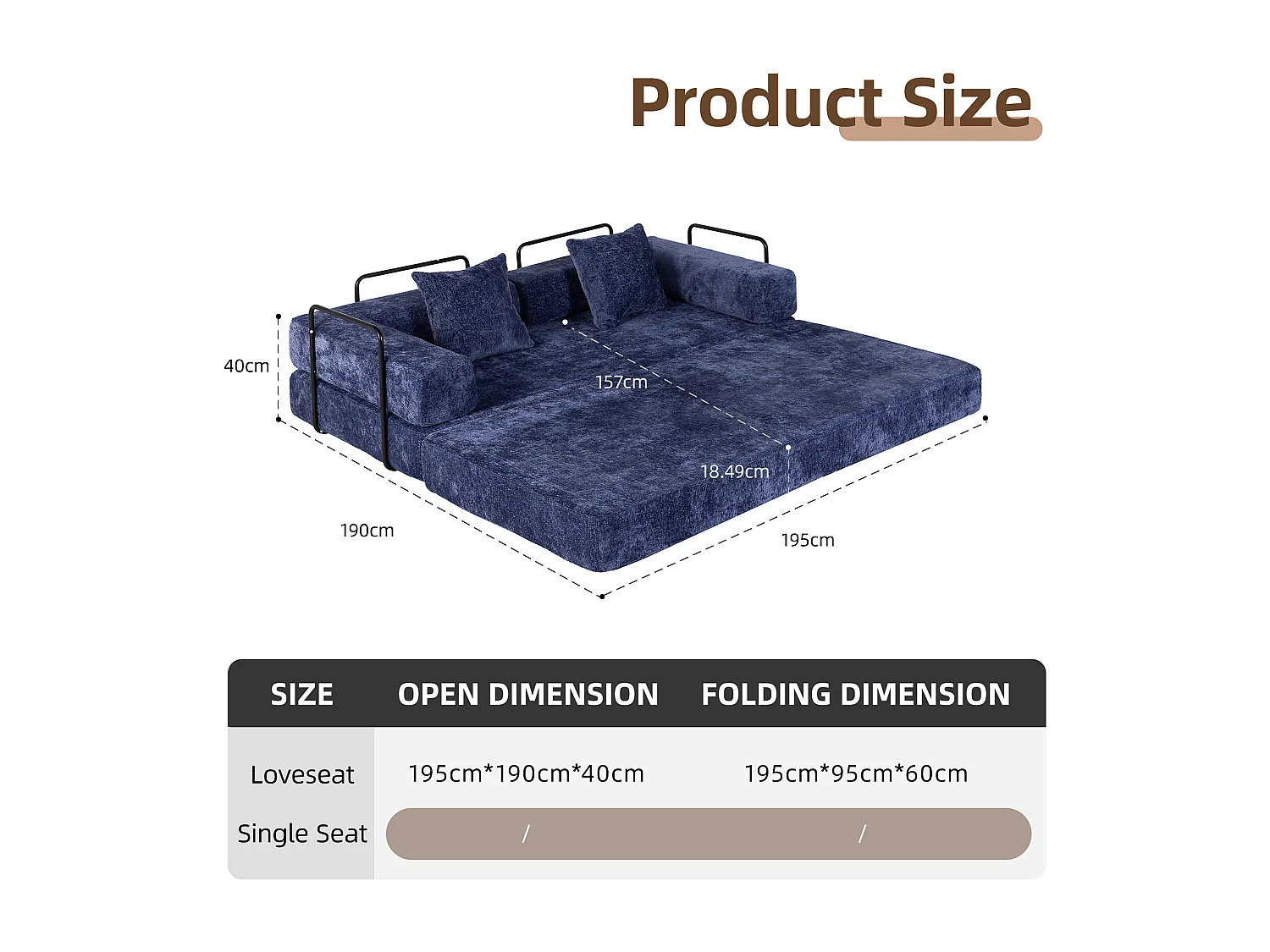 Canapé 2 places - chenille - modulaire - convertible - 195x95x60 cm - bleu foncé