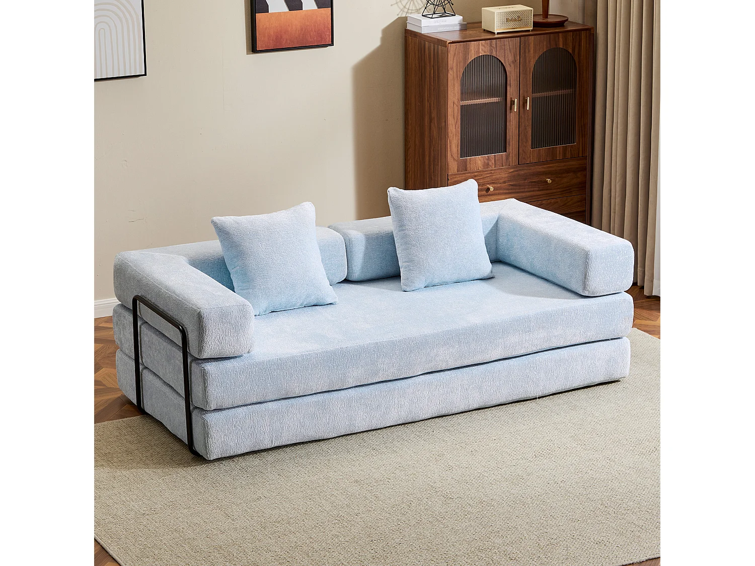 Canapé 2 places - chenille - modulable - convertible - 195x95x60 cm - bleu clair