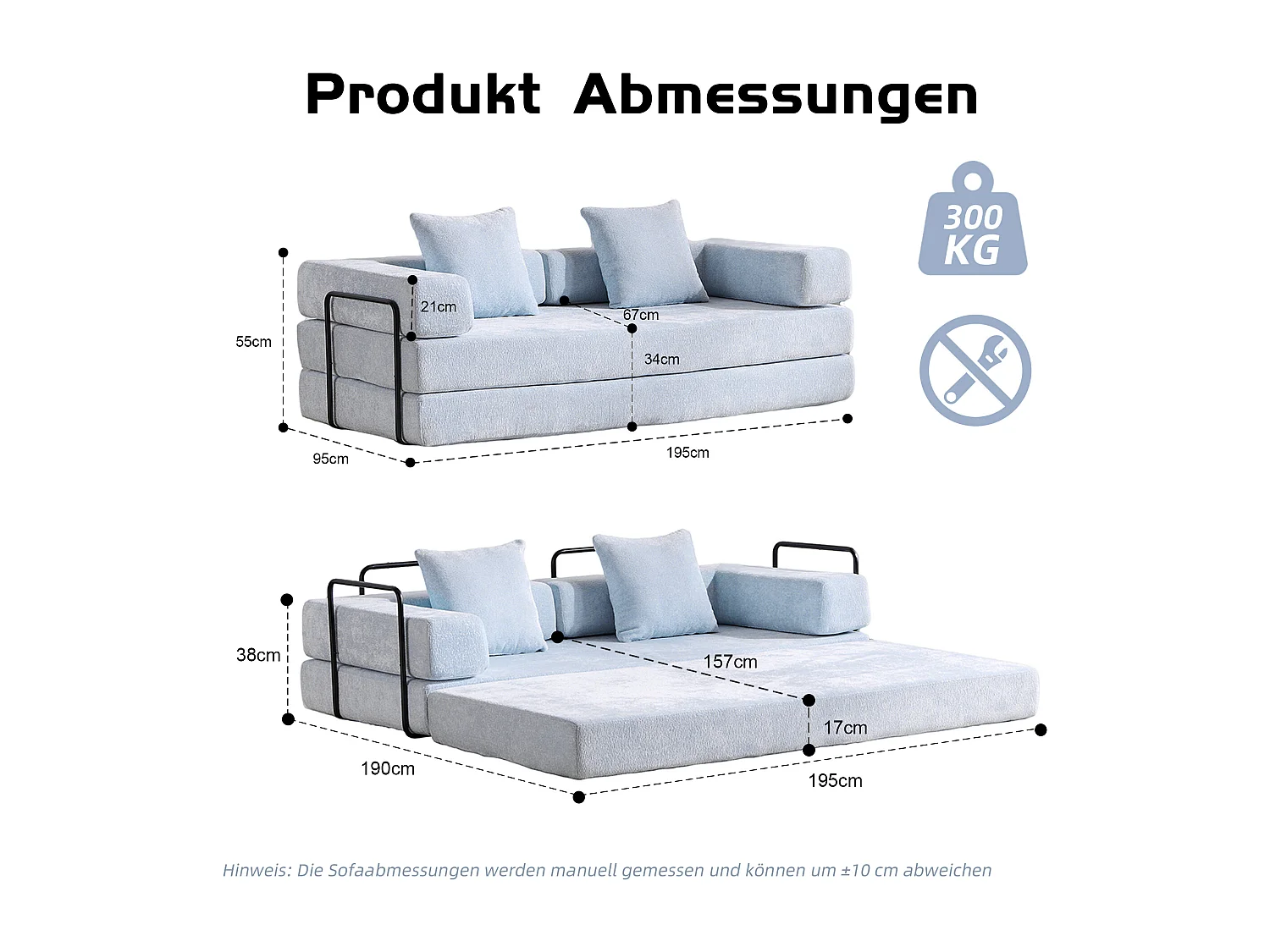Canapé 2 places - chenille - modulable - convertible - 195x95x60 cm - bleu clair