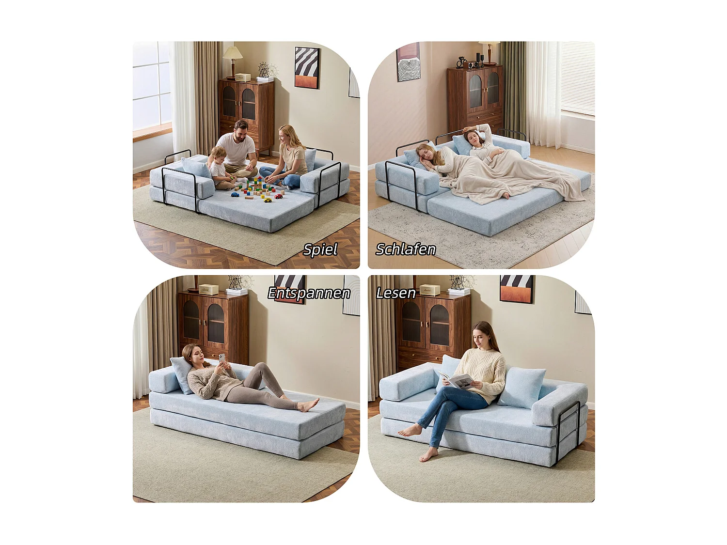 Canapé 2 places - chenille - modulable - convertible - 195x95x60 cm - bleu clair