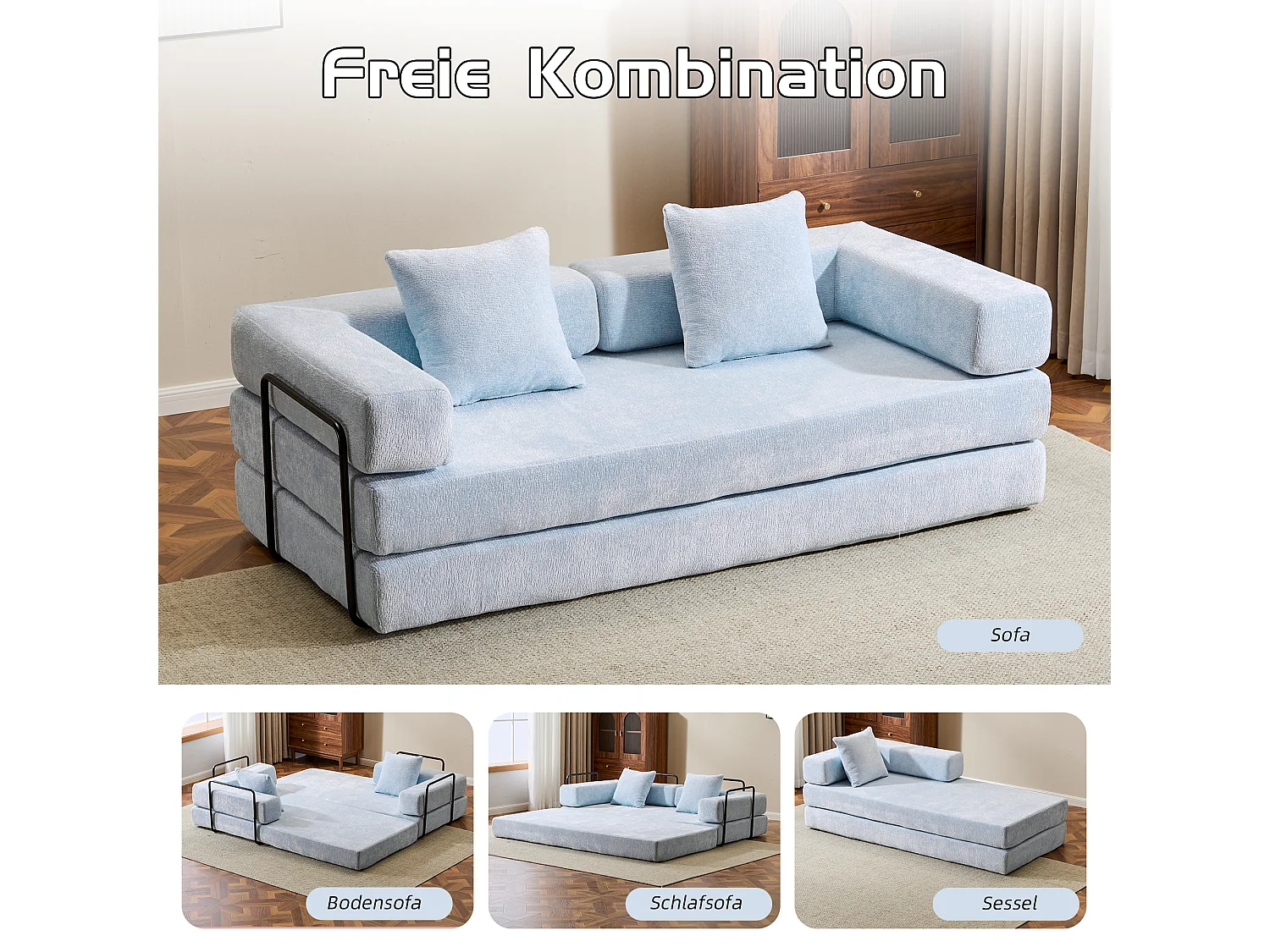 Canapé 2 places - chenille - modulable - convertible - 195x95x60 cm - bleu clair