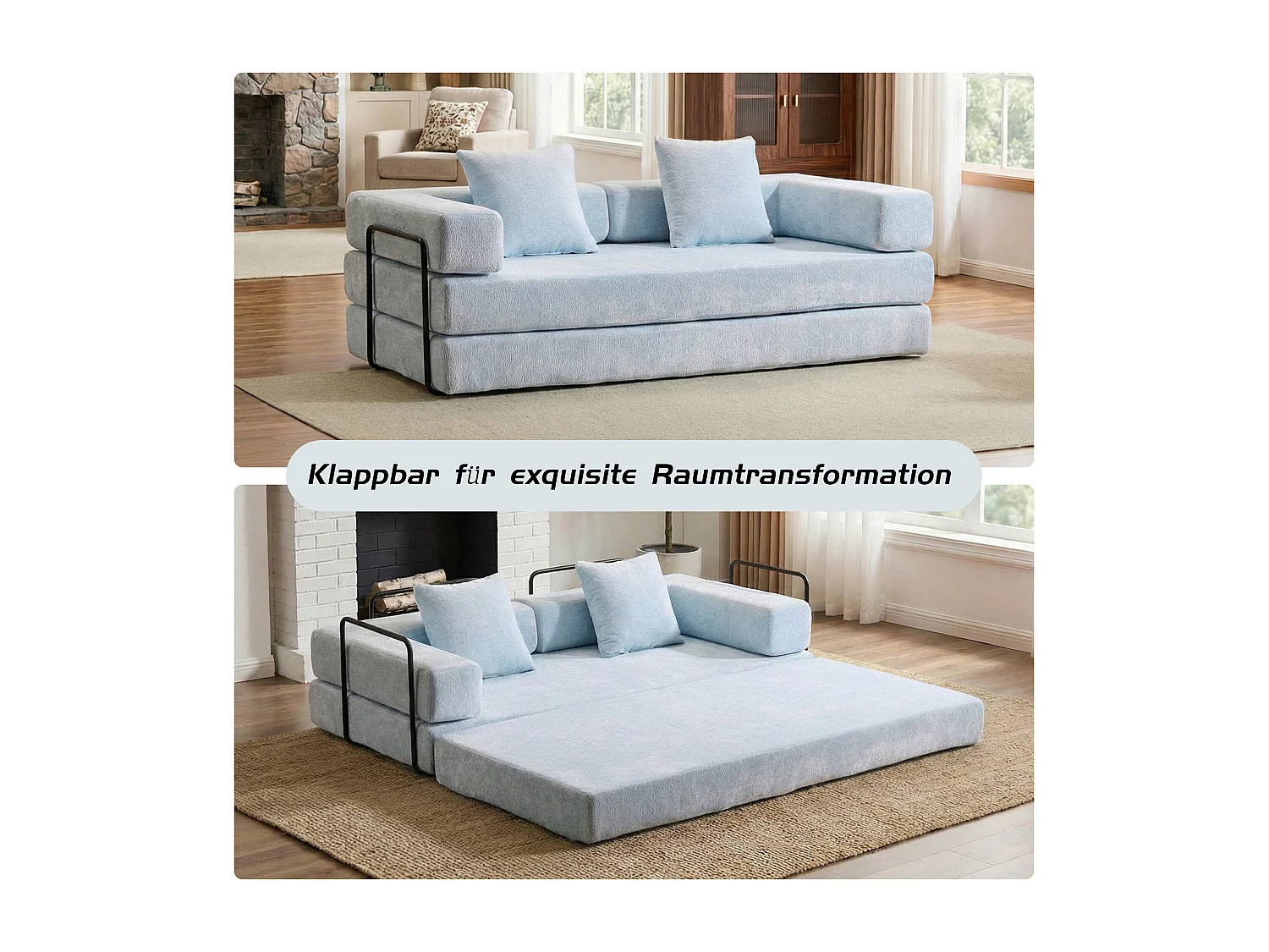 Canapé 2 places - chenille - modulable - convertible - 195x95x60 cm - bleu clair