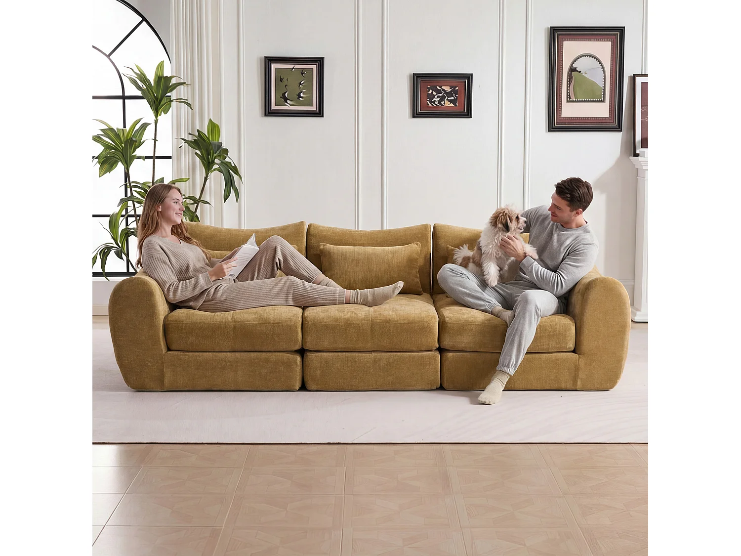Canapé d’angle modulable 3 places, convertible, chenille, 262x97x78 cm, jaune