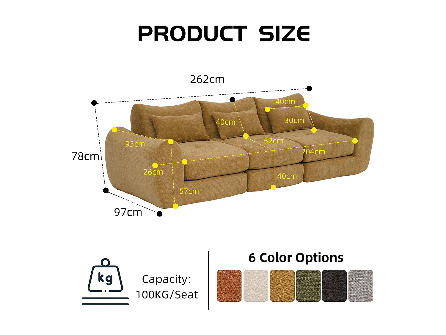 Canapé d’angle modulable 3 places, convertible, chenille, 262x97x78 cm, jaune
