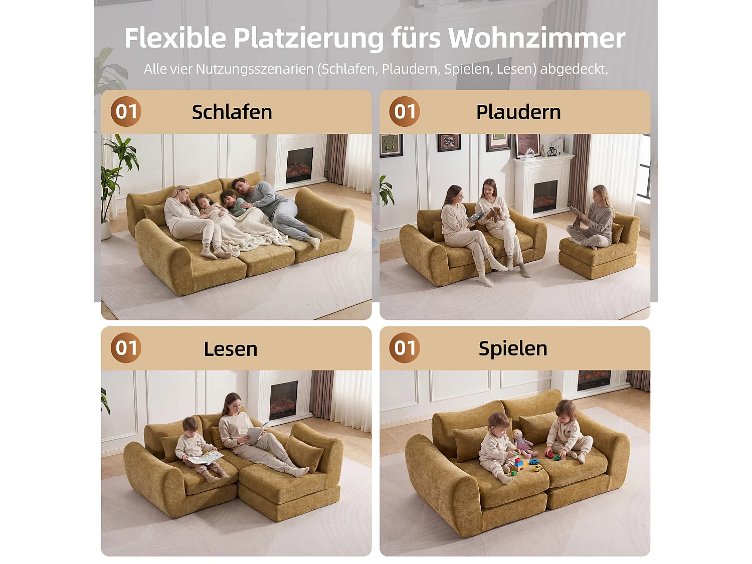 Canapé d’angle modulable 3 places, convertible, chenille, 262x97x78 cm, jaune