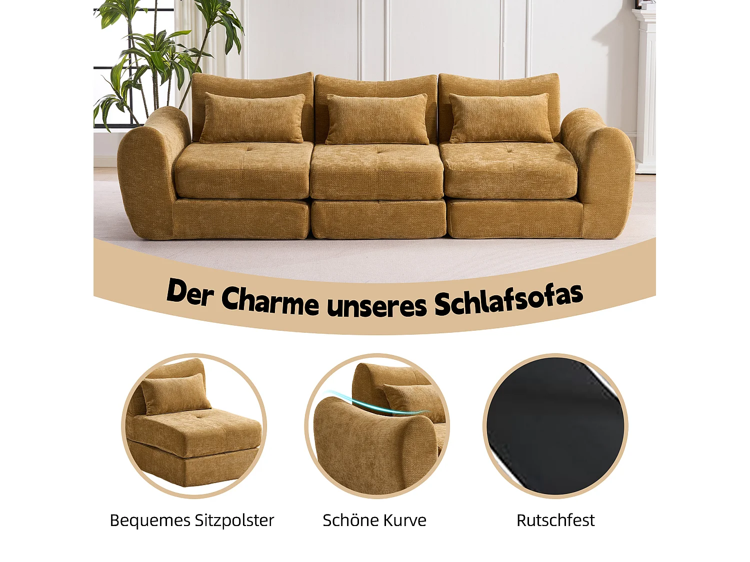 Canapé d’angle modulable 3 places, convertible, chenille, 262x97x78 cm, jaune