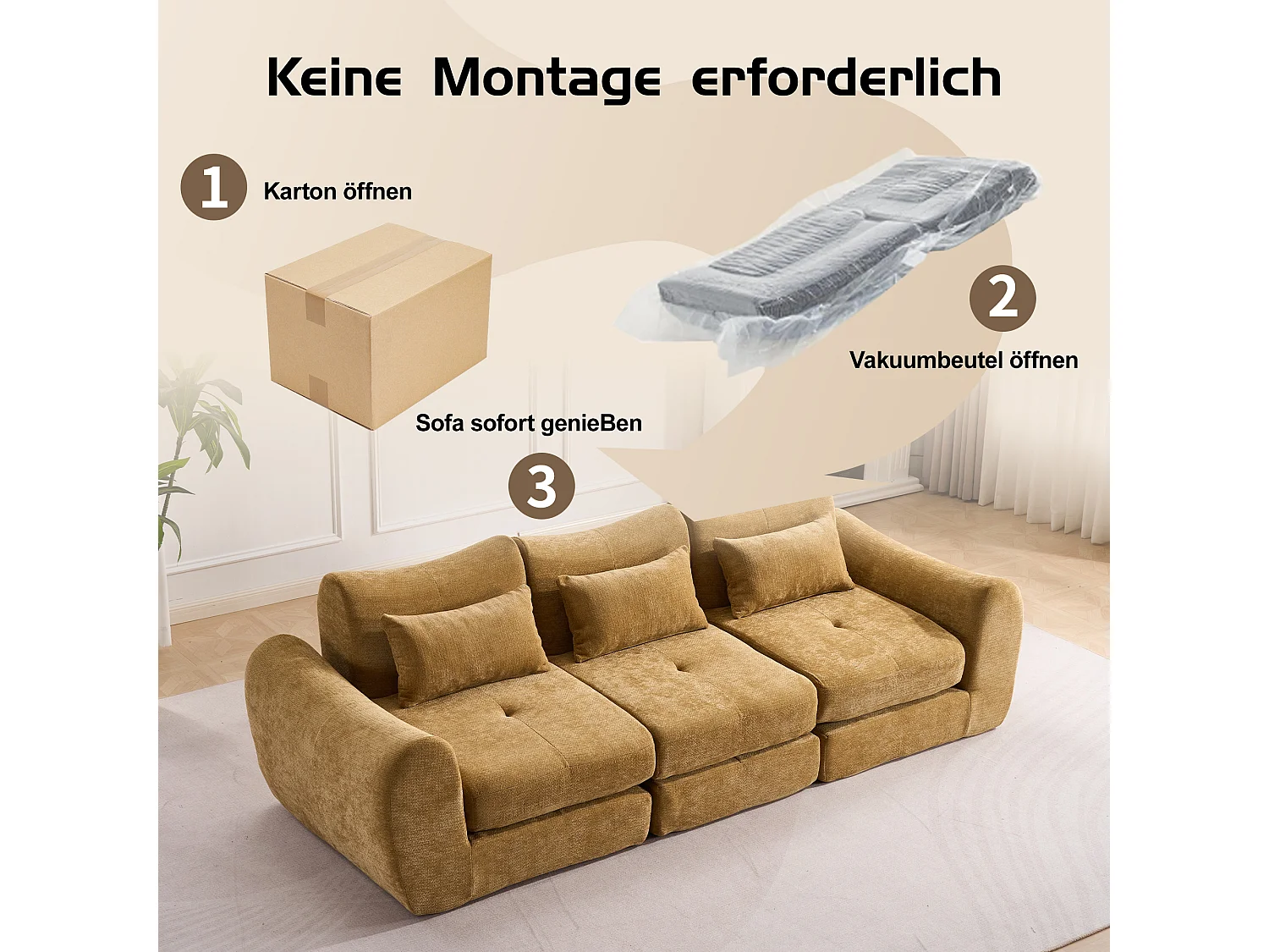 Canapé d’angle modulable 3 places, convertible, chenille, 262x97x78 cm, jaune