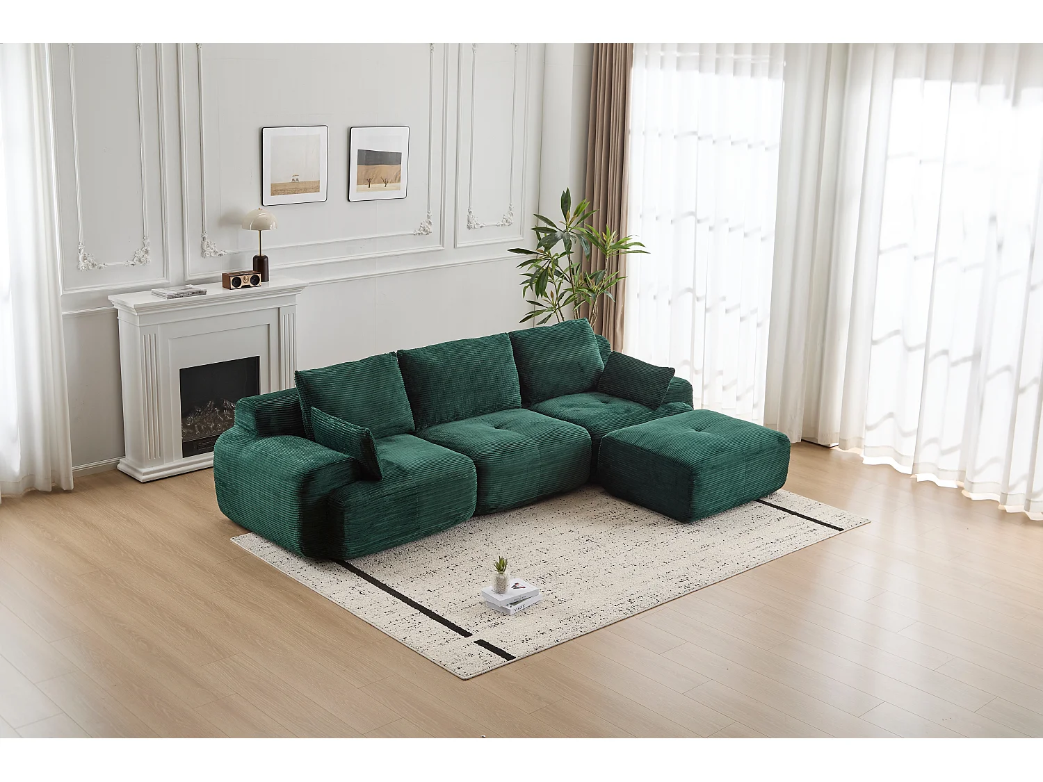 Canapé 3 places - velours côtelé - modulaire - convertible - 304x180x72 cm - vert