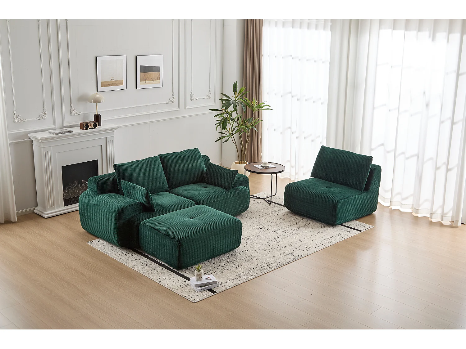Canapé 3 places - velours côtelé - modulaire - convertible - 304x180x72 cm - vert