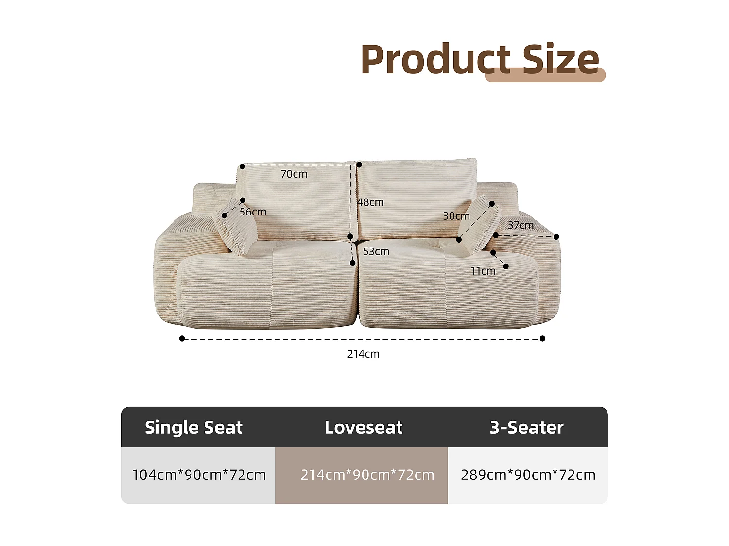 Canapé 2 places - velours côtelé - modulaire - convertible - 214x180x72 cm - beige