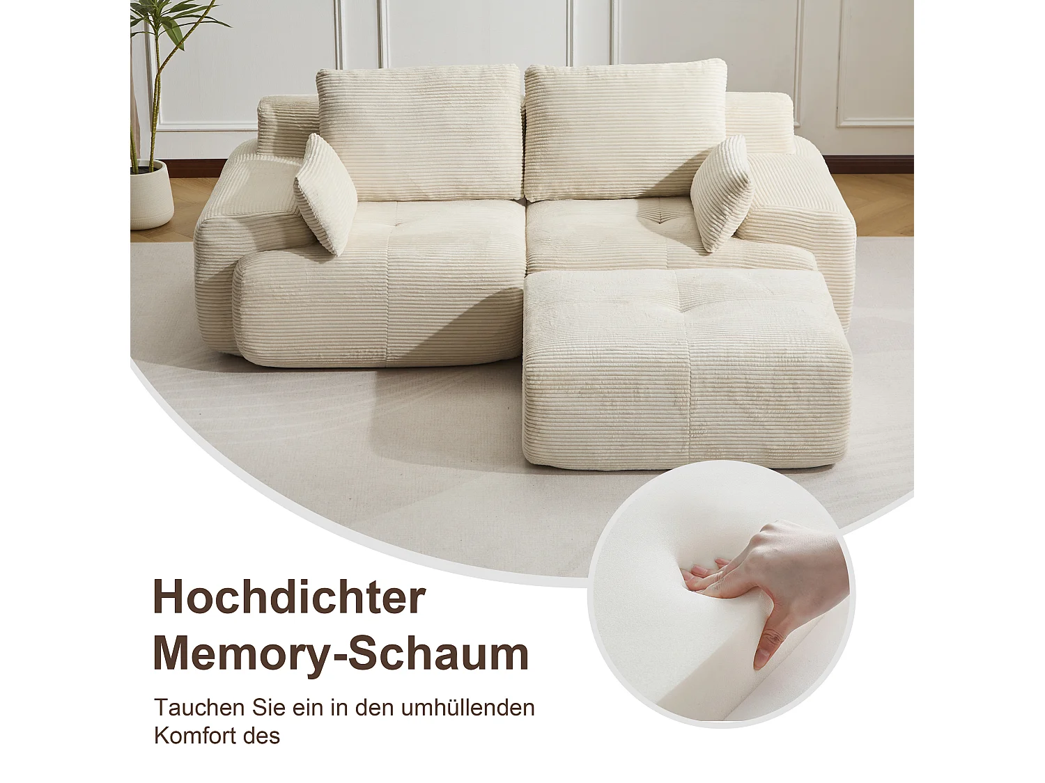 Canapé 2 places - velours côtelé - modulaire - convertible - 214x180x72 cm - beige