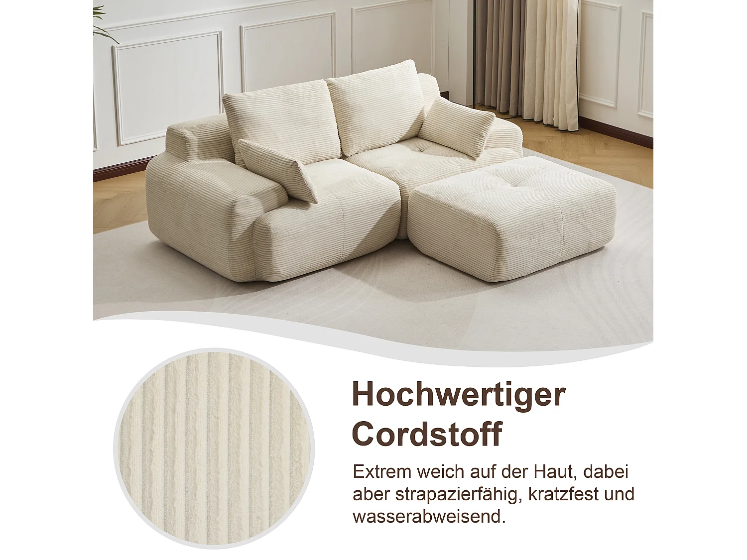 Canapé 2 places - velours côtelé - modulaire - convertible - 214x180x72 cm - beige