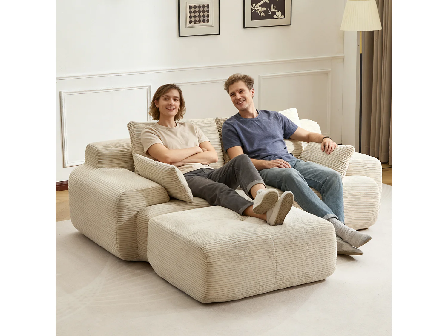 Canapé 2 places - velours côtelé - modulaire - convertible - 214x180x72 cm - beige