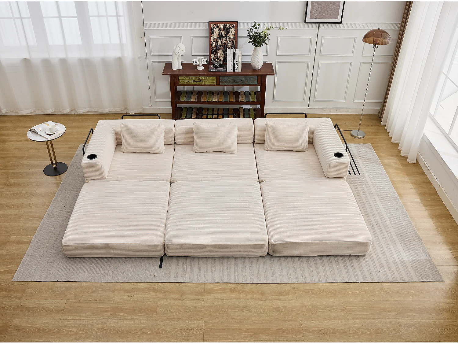 Canapé 3 places - velours côtelé - modulaire - convertible - 300x100x63 cm - blanc