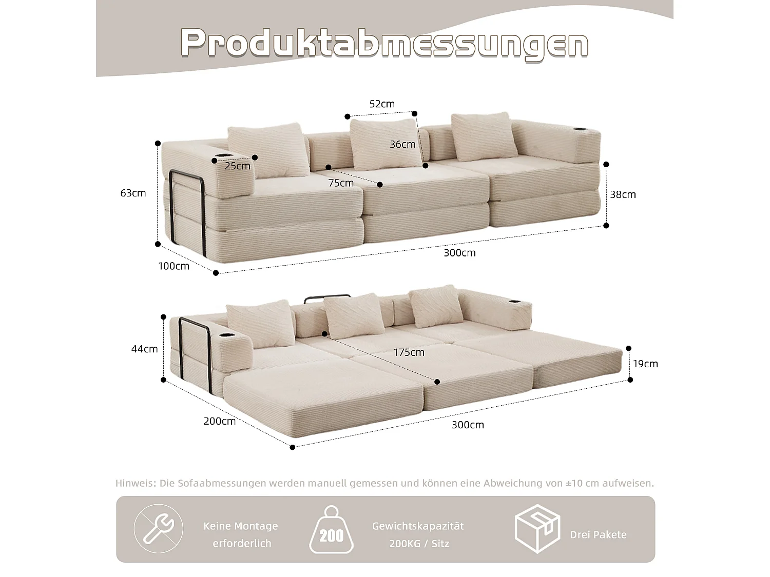 Canapé 3 places - velours côtelé - modulaire - convertible - 300x100x63 cm - blanc