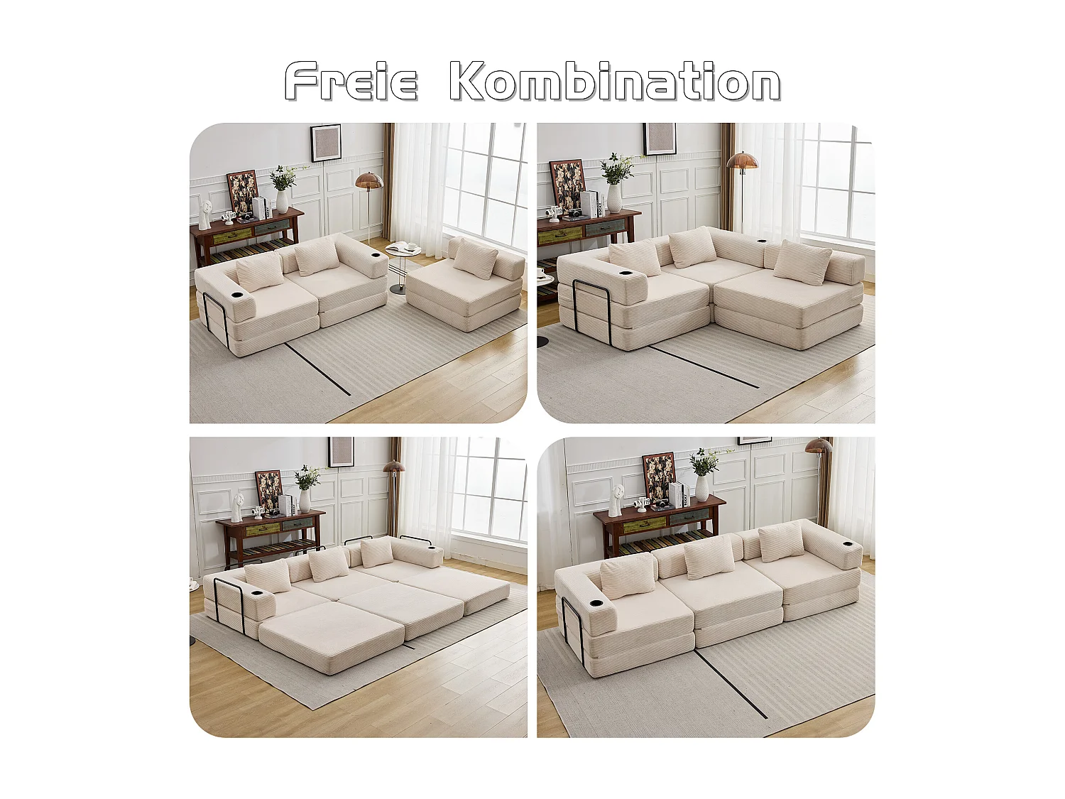 Canapé 3 places - velours côtelé - modulaire - convertible - 300x100x63 cm - blanc