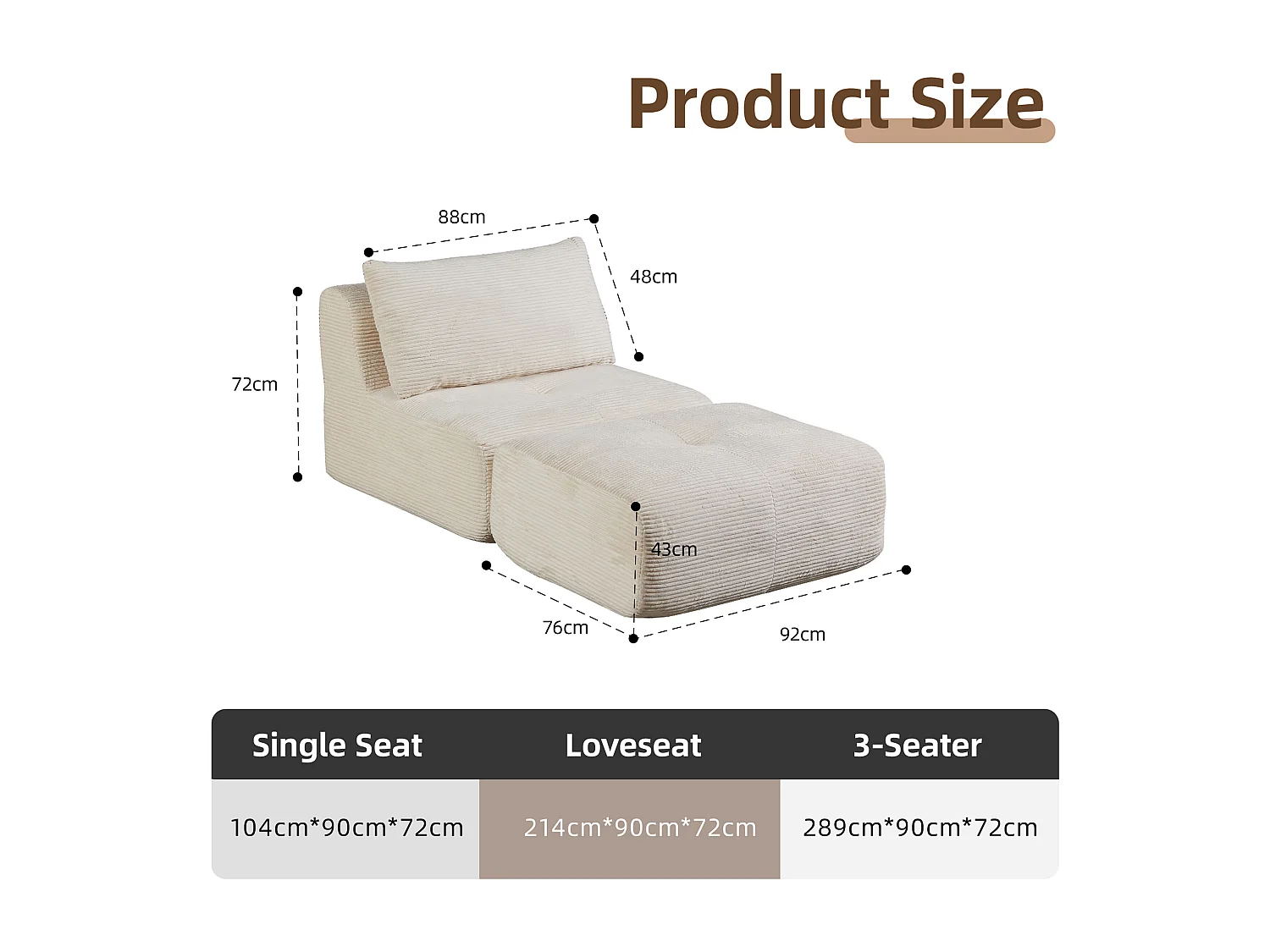 Canapé 1 place - velours côtelé - modulaire - convertible - 92x180x72 cm - beige
