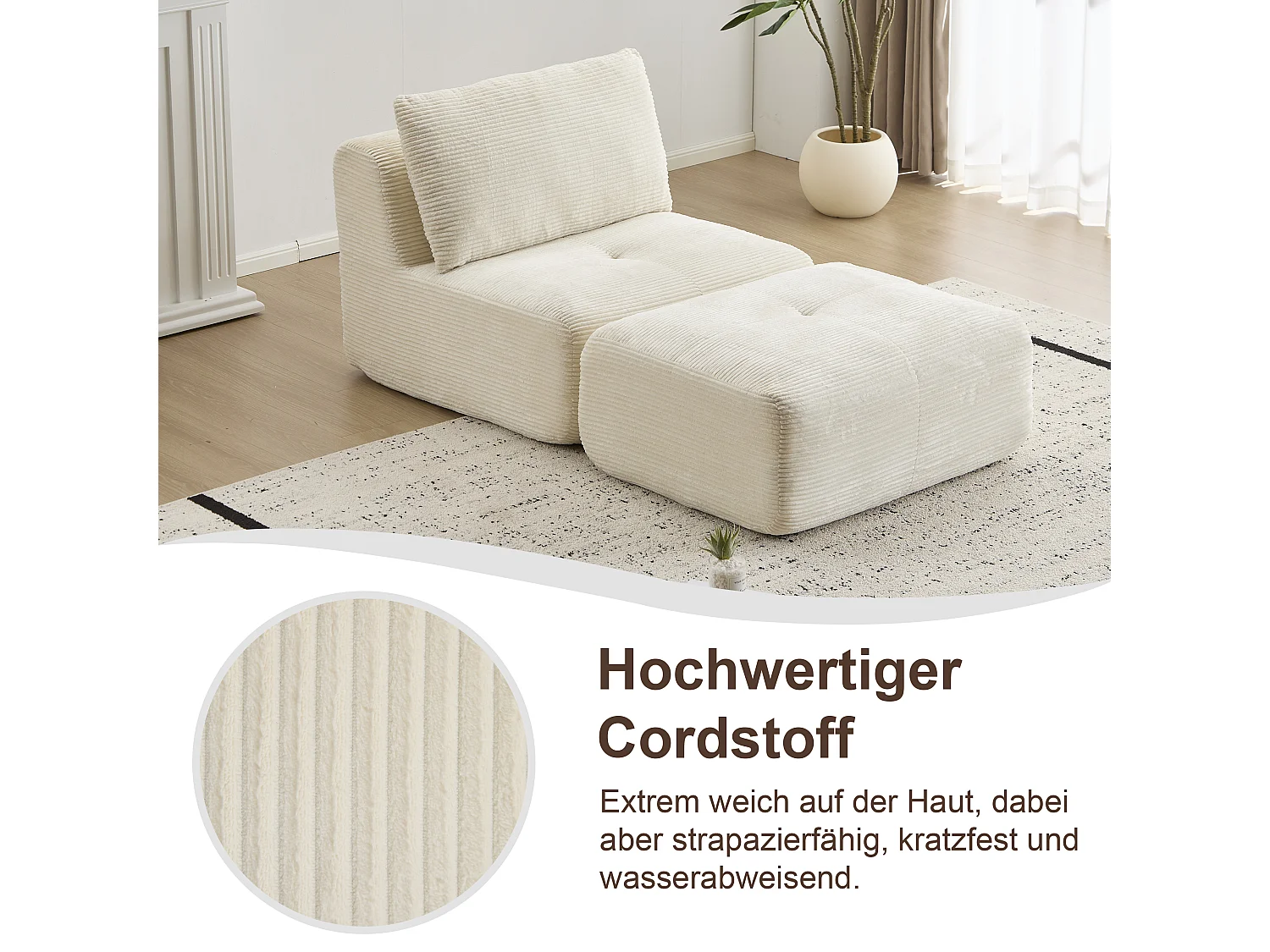 Canapé 1 place - velours côtelé - modulaire - convertible - 92x180x72 cm - beige